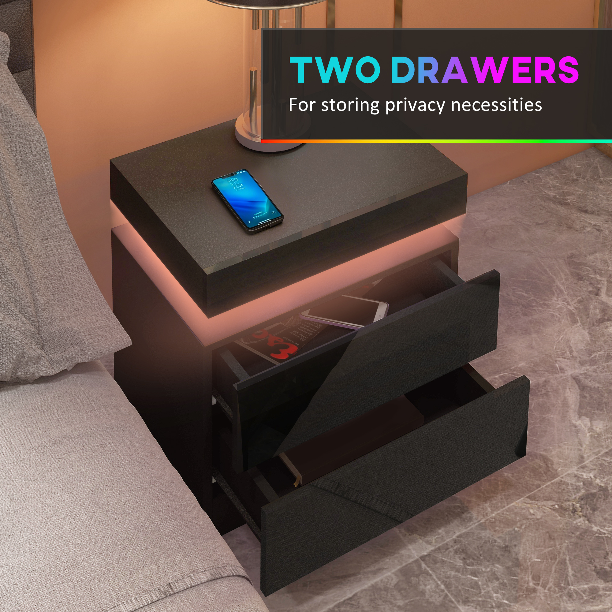 Nightstand, Bedside Table with LED Lights and 2 Drawers for Bedroom, Living Room, Black - Image 4