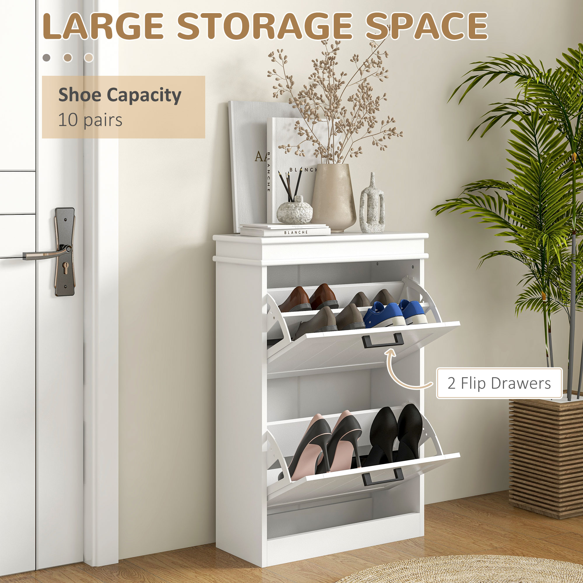 Shoe Storage Cabinet with 2 Flip Drawers and Adjustable Shelves, Narrow Shoe Cabinet for 10 Pairs of Shoes, White - Image 2