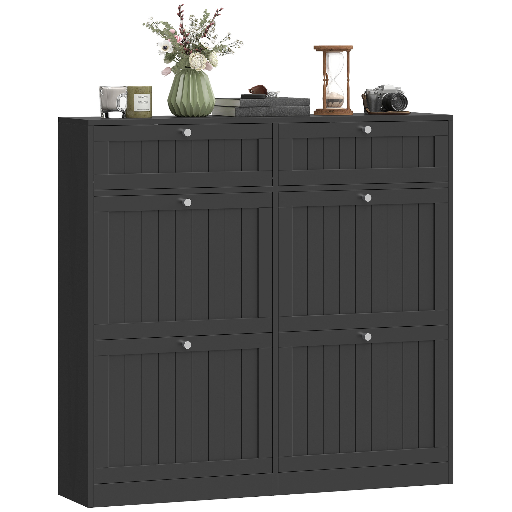 Shoe Cabinet with 2 Large Flip Drawers, Farmhouse Narrow Shoe Storage Cabinet with 2 Top Compartments, Black
