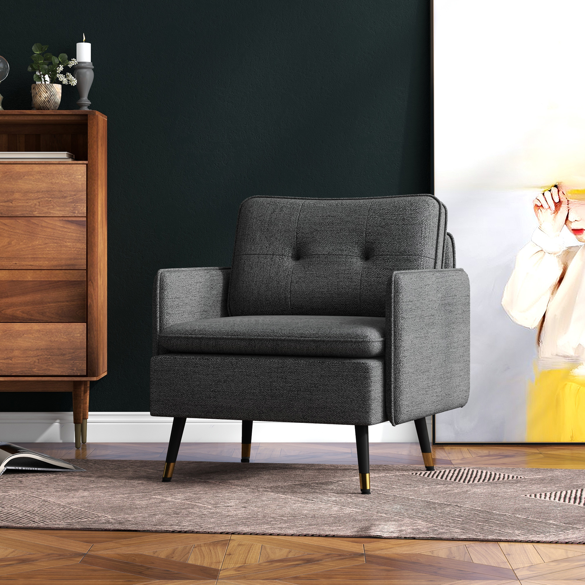 Accent Chair, Upholstered Armchair with Tufted Back Cushion and Steel Legs for Living Room, Bedroom, Dark Grey - Image 6