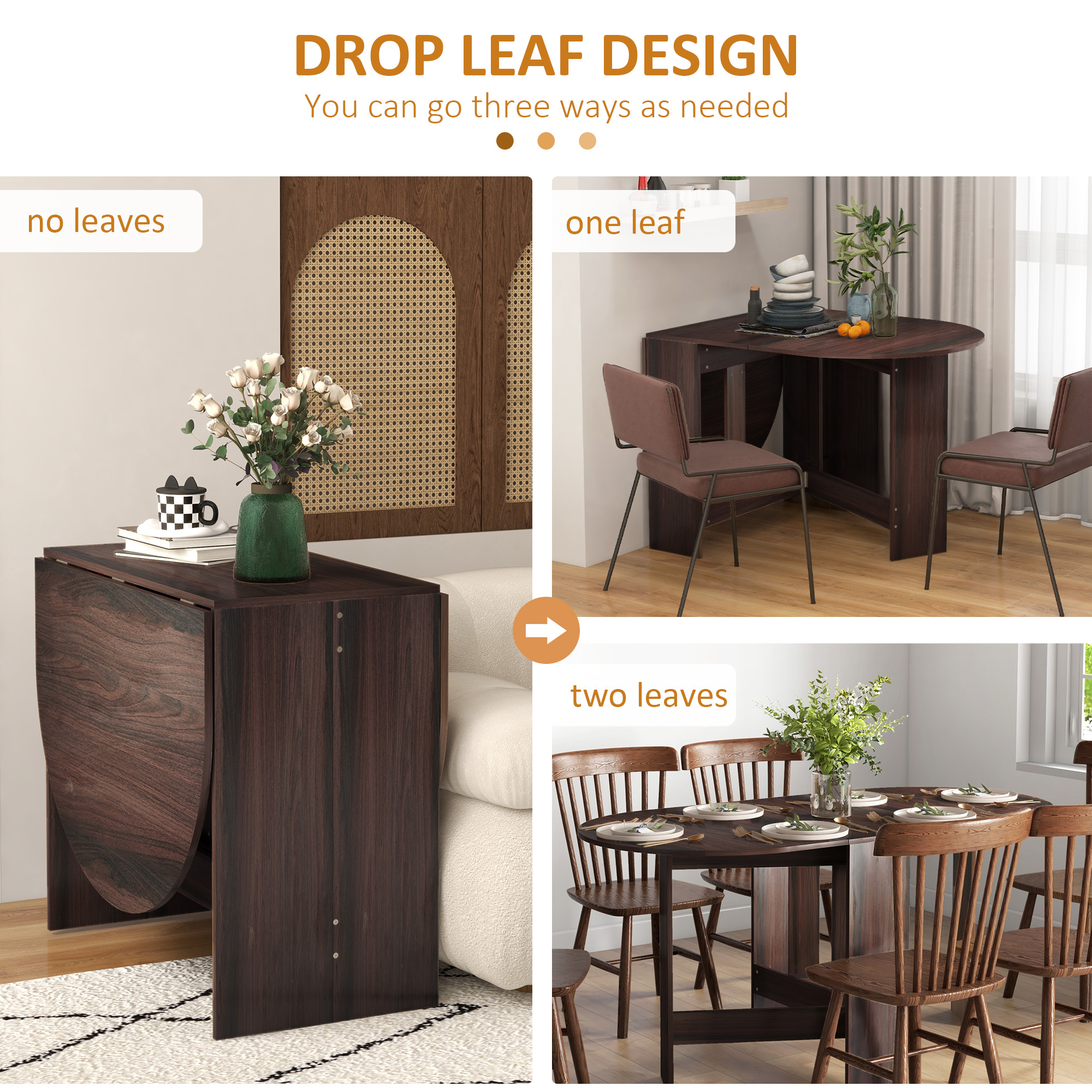 Oval Folding Dining Table, Space Saving Drop Leaf Kitchen Table for Dining Room, Living Room, Distressed Brown - Image 2