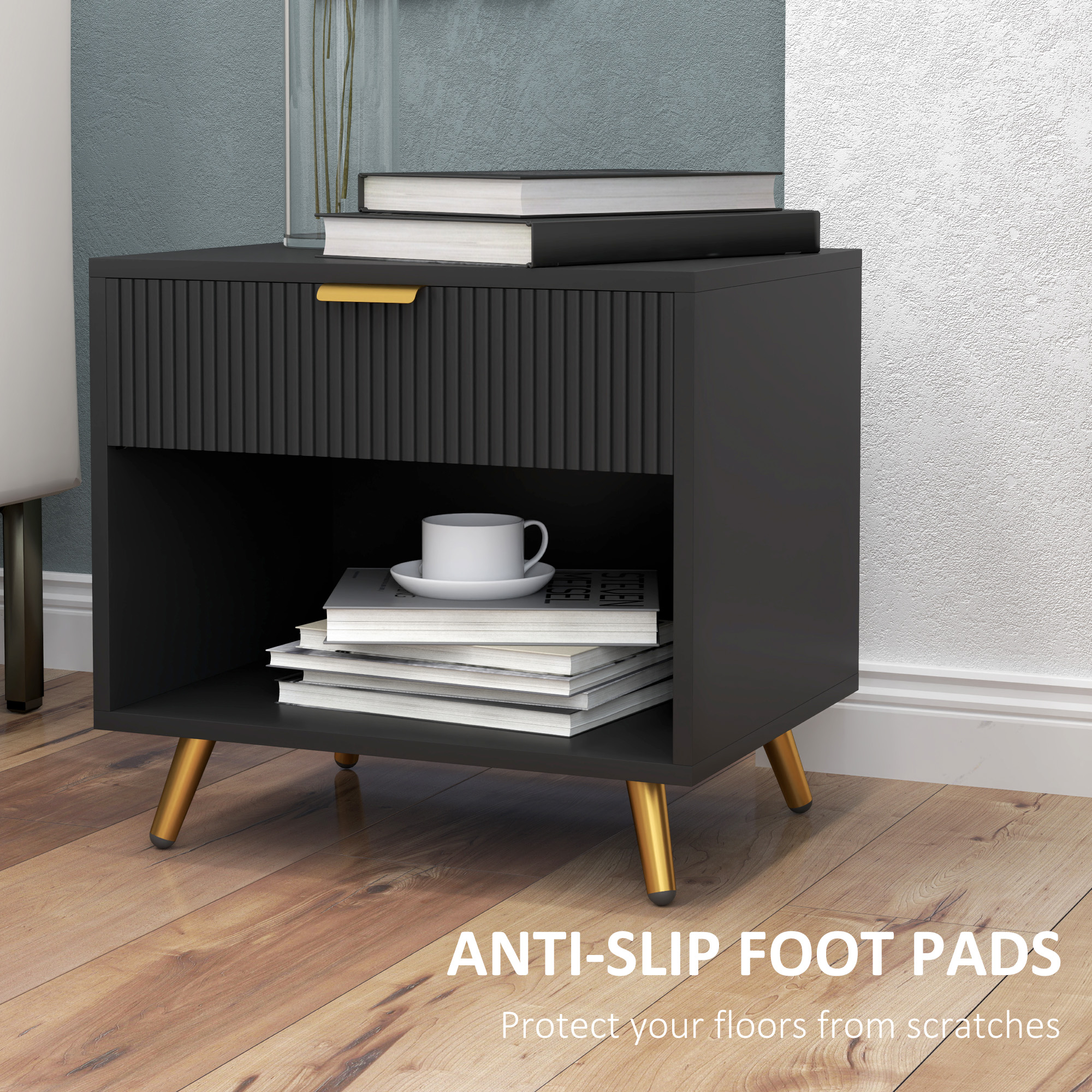Nightstand with Fluted Panel, Bedside Table with Drawer and Open Compartment, Modern Night Table for Bedroom, Black - Image 5
