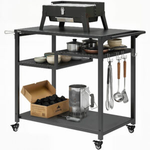 Outdoor Grill Cart, BBQ Stand, Three-Shelf Pizza Oven Stand with Hooks, Garbage Bag Holder, Wheels, Black