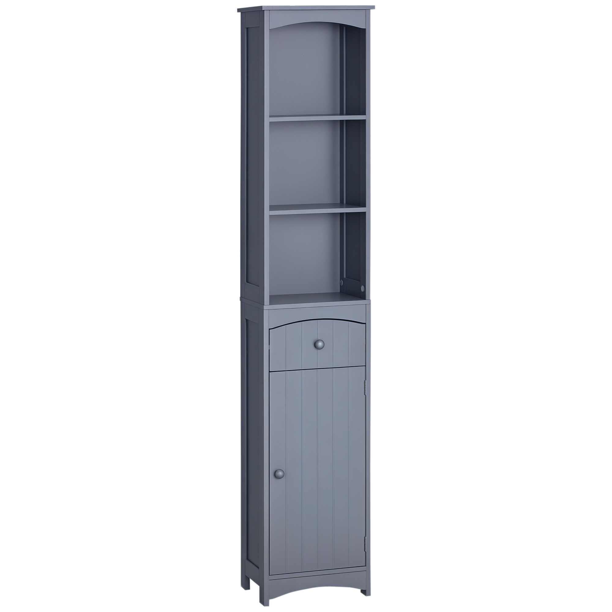 Bathroom Storage Cabinet, Tall Linen Tower with 3-Tier Shelves and Drawer and Door, Grey