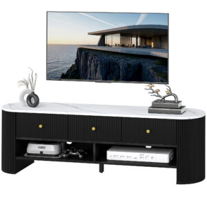 TV Stand, Modern TV Table with Marble-Effect Top, 3 Drawers and 2 Open Shelves for 32-65 Inch Television, Black