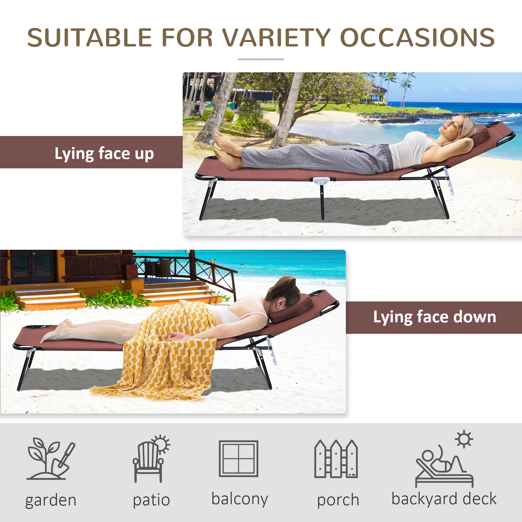 Folding Chaise Lounge Chair, Reclining Beach Tanning Chair with Face Hole, Pillow, 4-Position Adjustable Lay Flat Sun Lounger, Steel Frame for Outdoor Patio Pool, Brown - Image 3