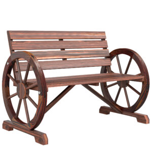 42" Wood Wagon Wheel Bench Garden Loveseat Rustic Seat Relaxing Lounge Chair Outdoor Decorative Seat Park Decor, Brown