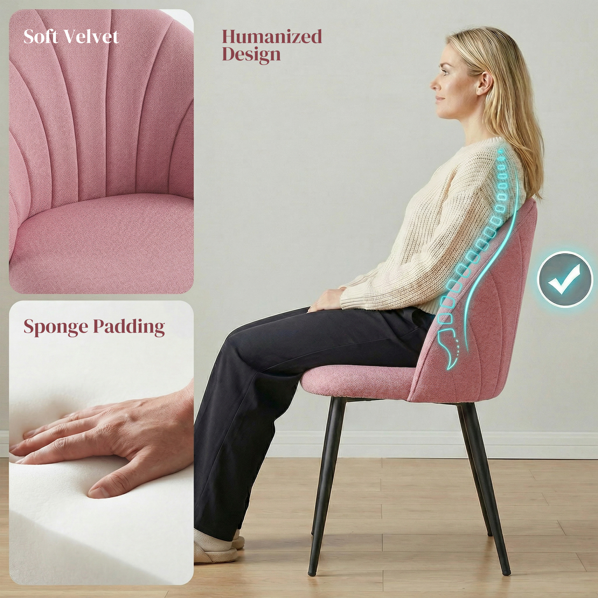 Modern Dining Chairs Set of 4, Upholstered Dining Room Chairs with Metal Legs, Shell Backrest, Padded Seat, Pink - Image 3