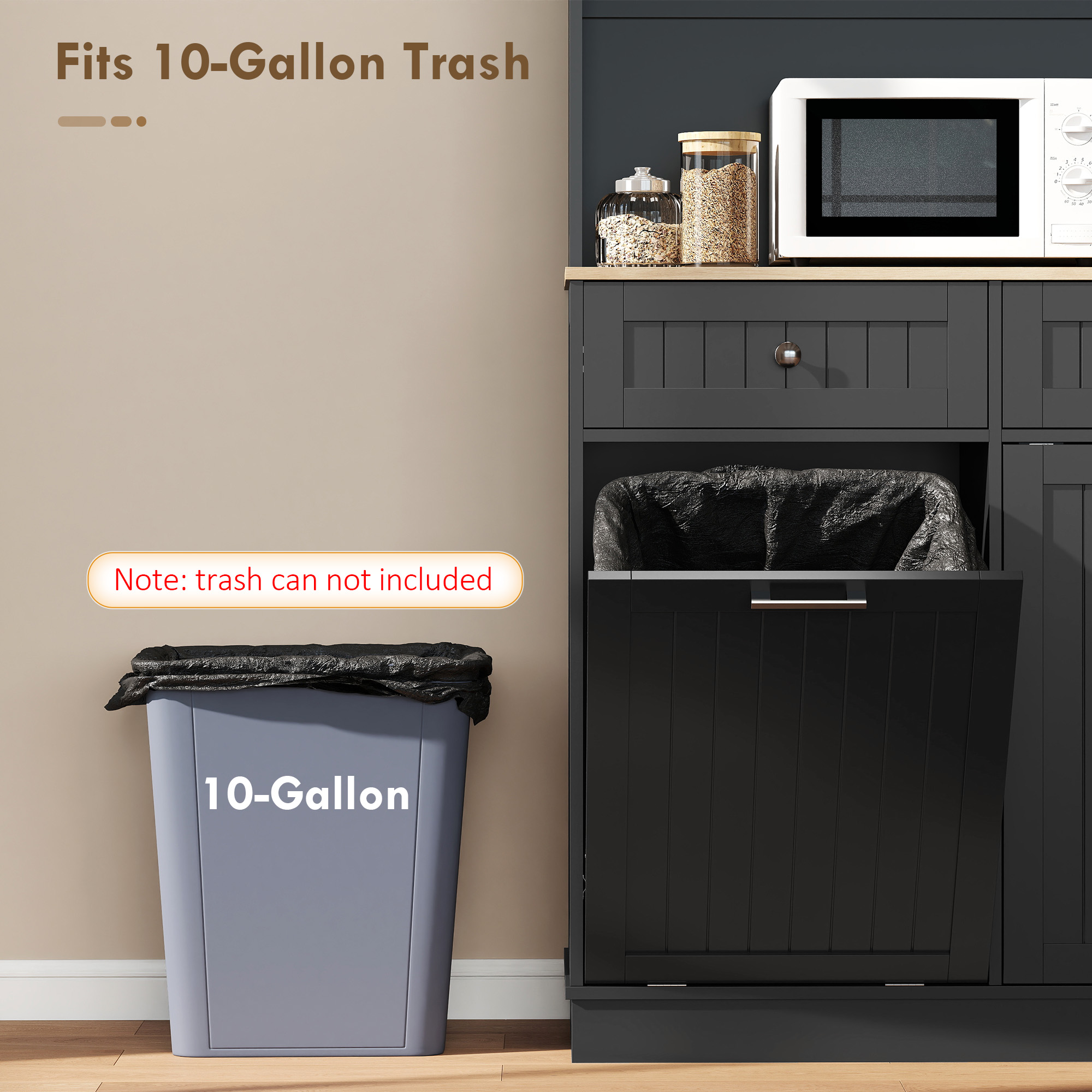 68" Pantry Cabinet with Charging Station, Storage Cabinet with Microwave Stand, 10 Gallon Trash Can Cabinet, Black - Image 5