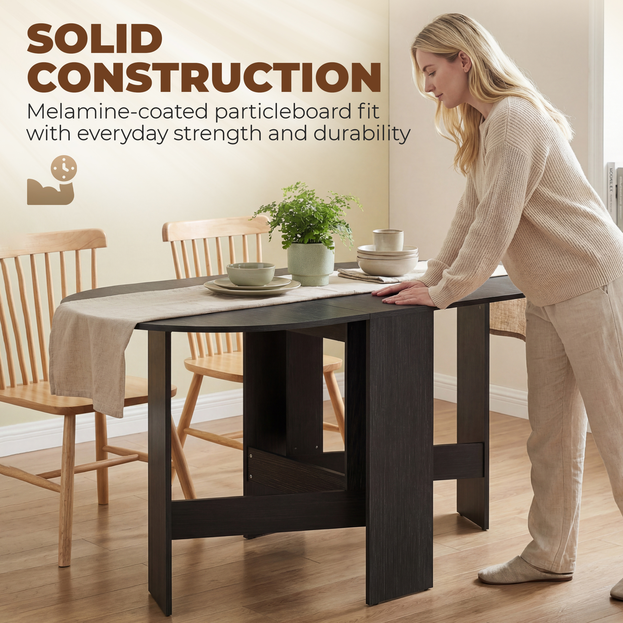Oval Folding Dining Table, Space Saving Drop Leaf Kitchen Table for Dining Room, Living Room, Black - Image 4