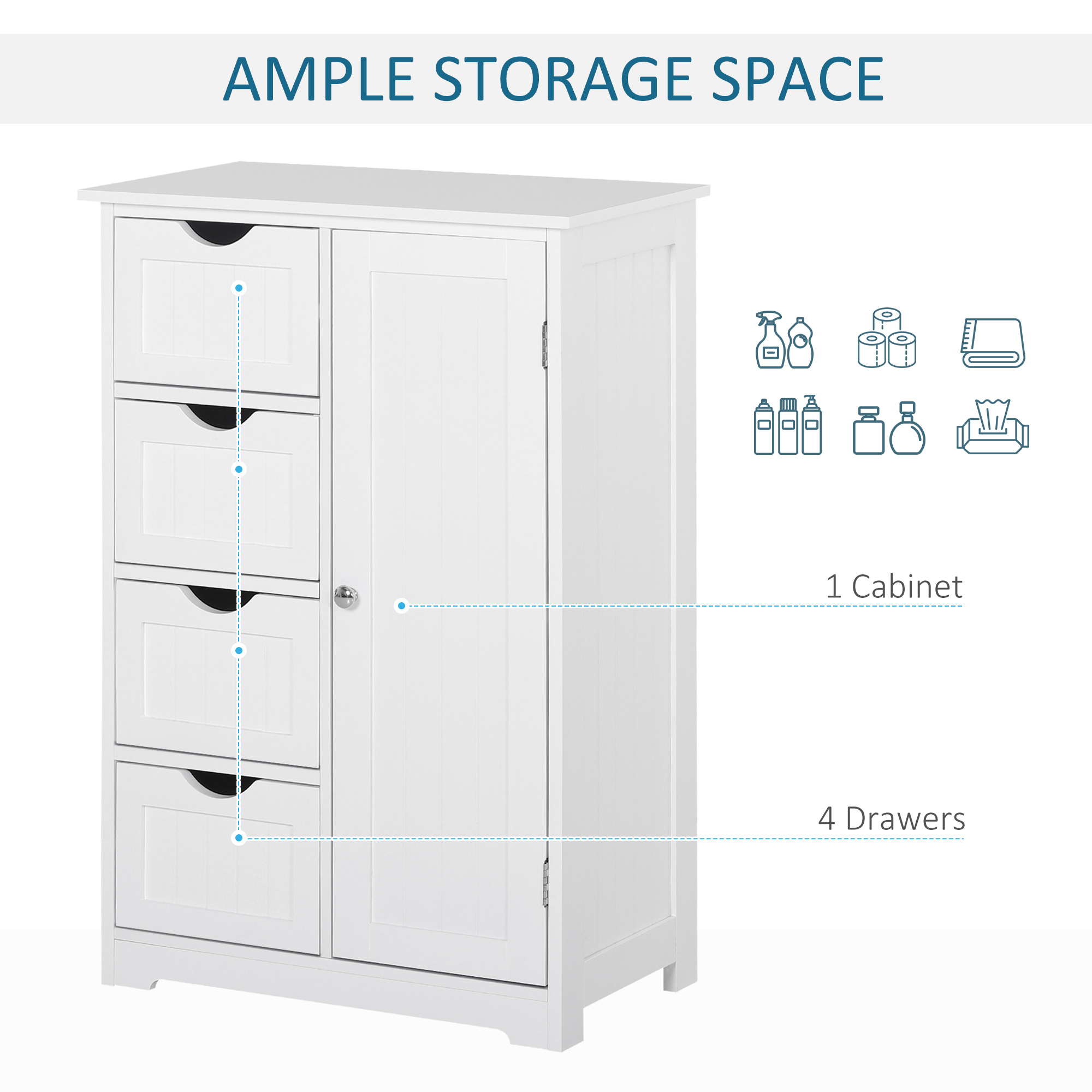Bathroom Storage Cabinet, Floor Cabinet with Adjustable Shelf and 4 Drawers, Side Cabinet for Washroom, White - Image 3