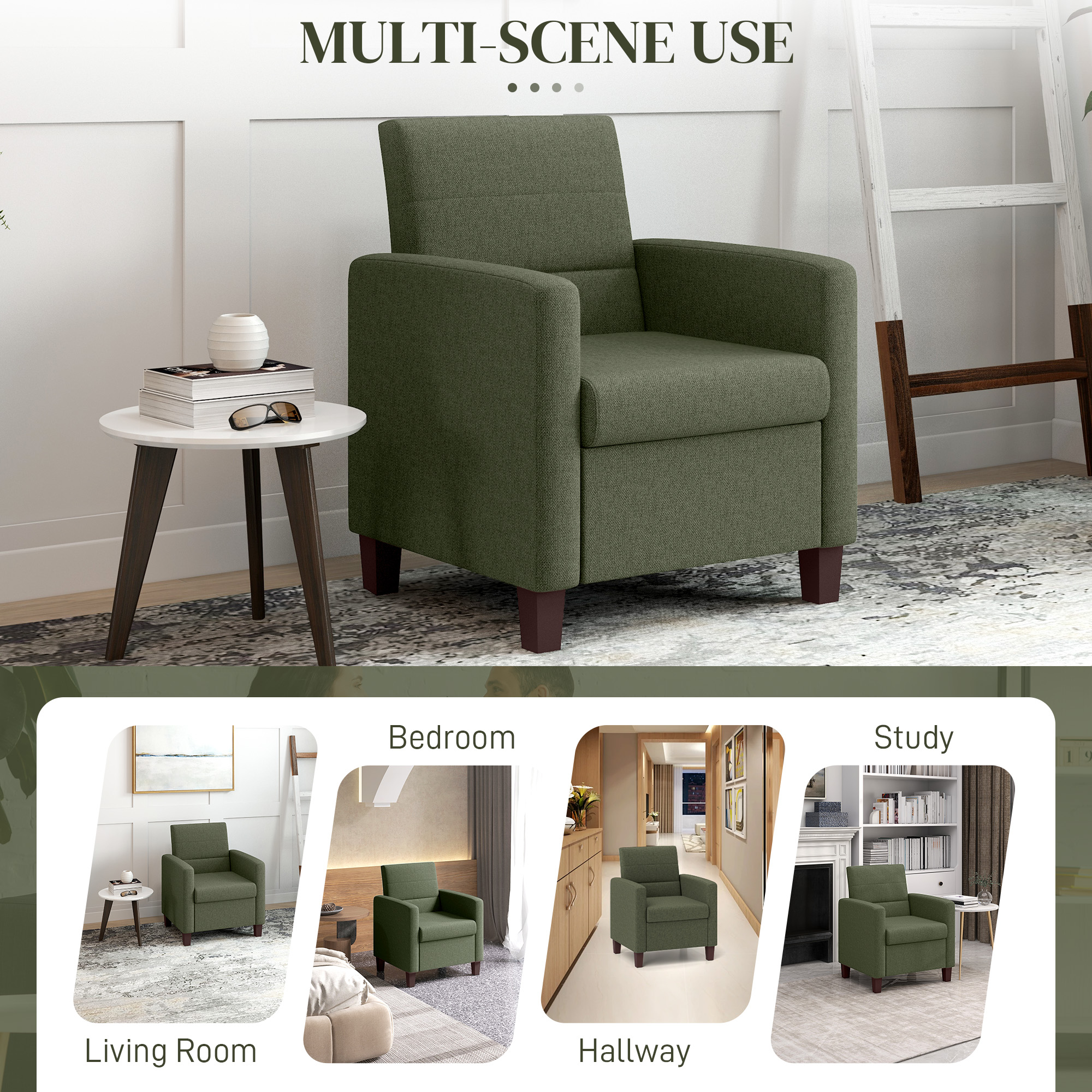 Fabric Accent Chair, Modern Armchair with Seat Cushion and Non-Slip Pads for Living Room, Bedroom, Dark Green - Image 5