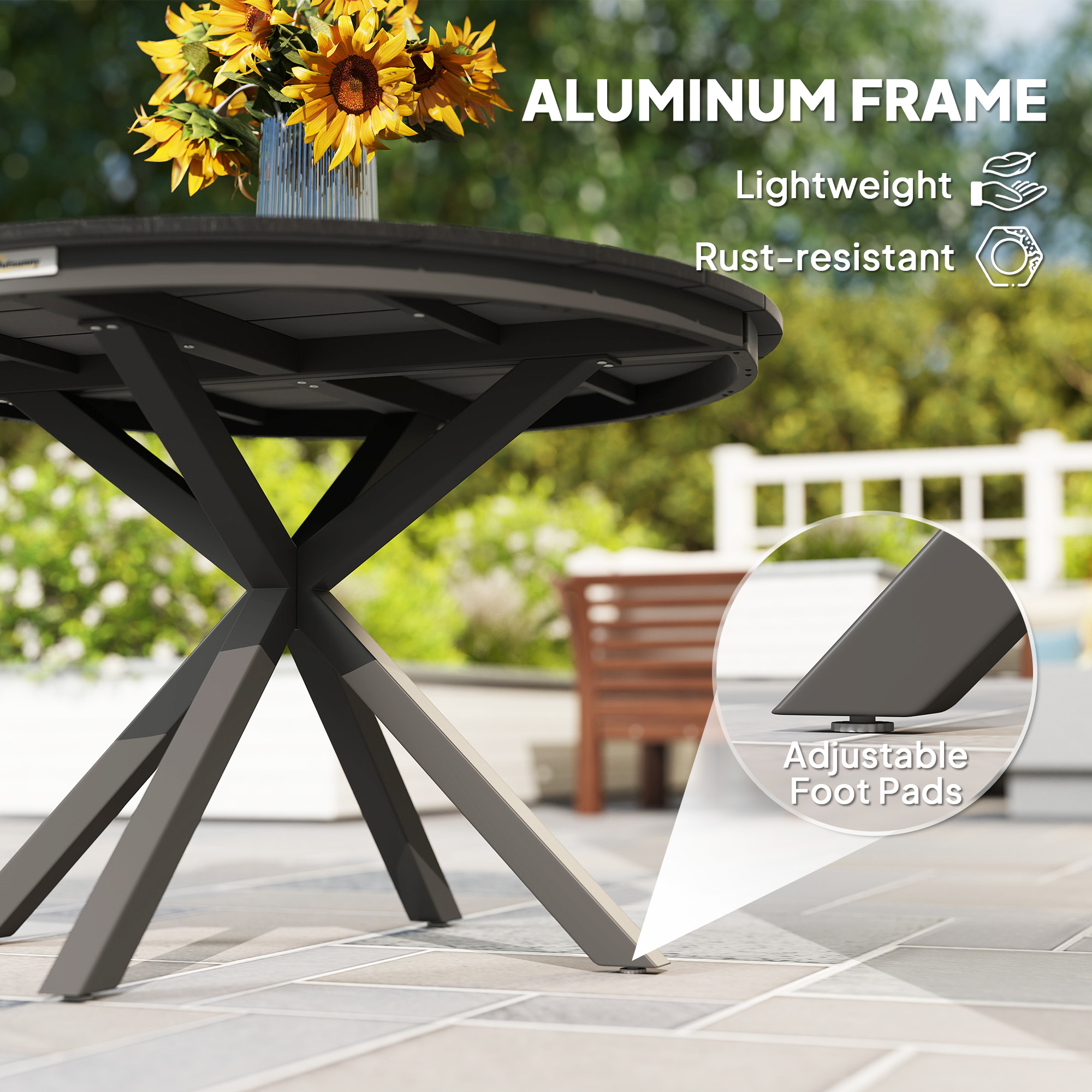 46.5" Outdoor Dining Table for 6, Round Picnic Table with Slatted Top for Balcony, Porch, Black - Image 5