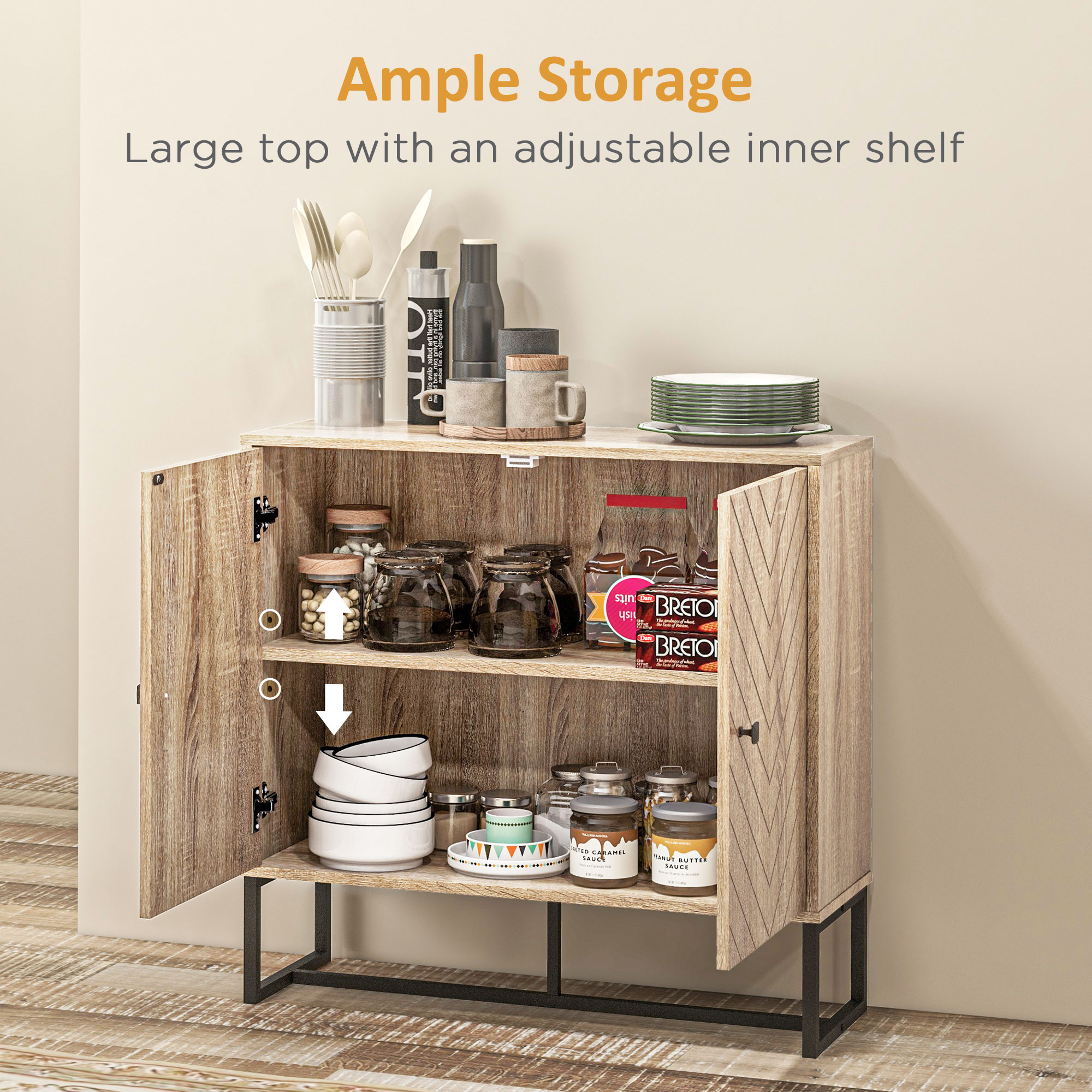 Modern Sideboard, Buffet Cabinet with 2 Chevron Doors and Adjustable Shelf, Kitchen Storage Cabinet with Steel Base, Coffee Bar Cabinet, 31.5" H, Oak - Image 3