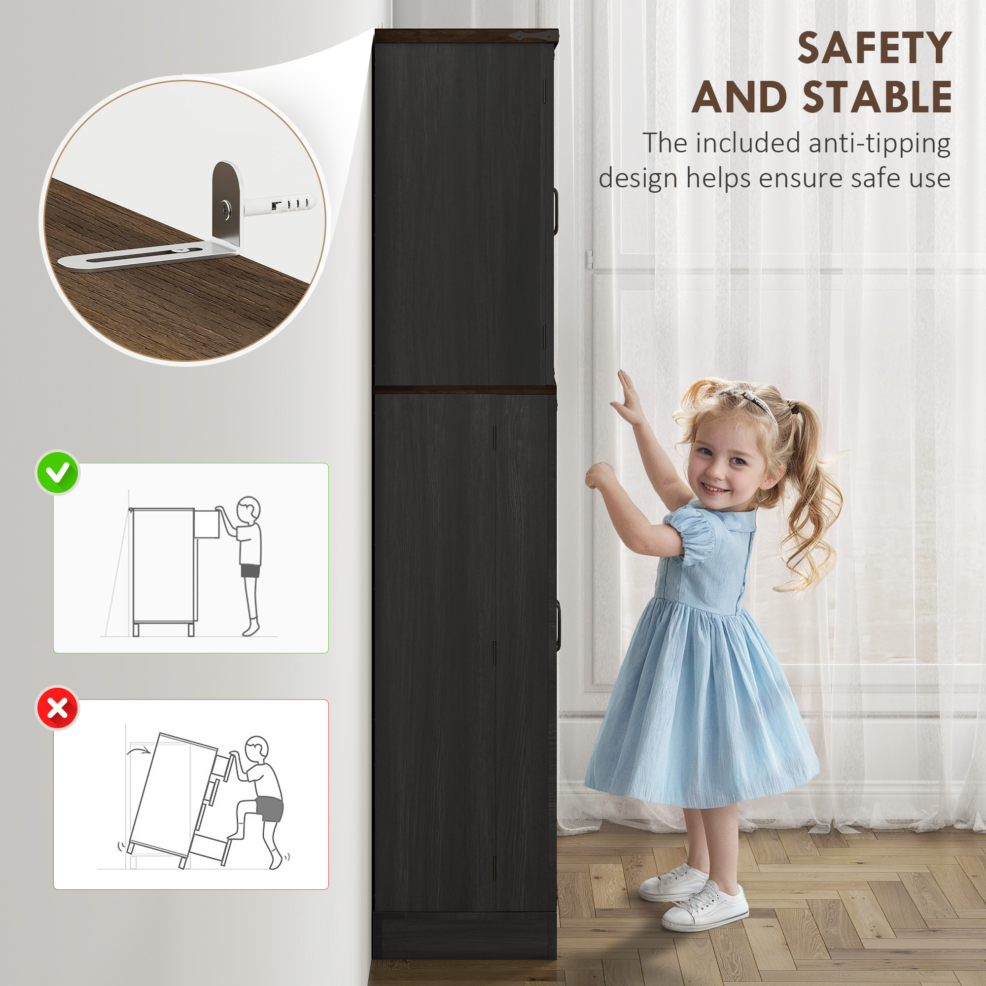 64" Tall Kitchen Pantry Cabinet with Spice Racks and Adjustable Shelves, Black Wood Grain - Image 4