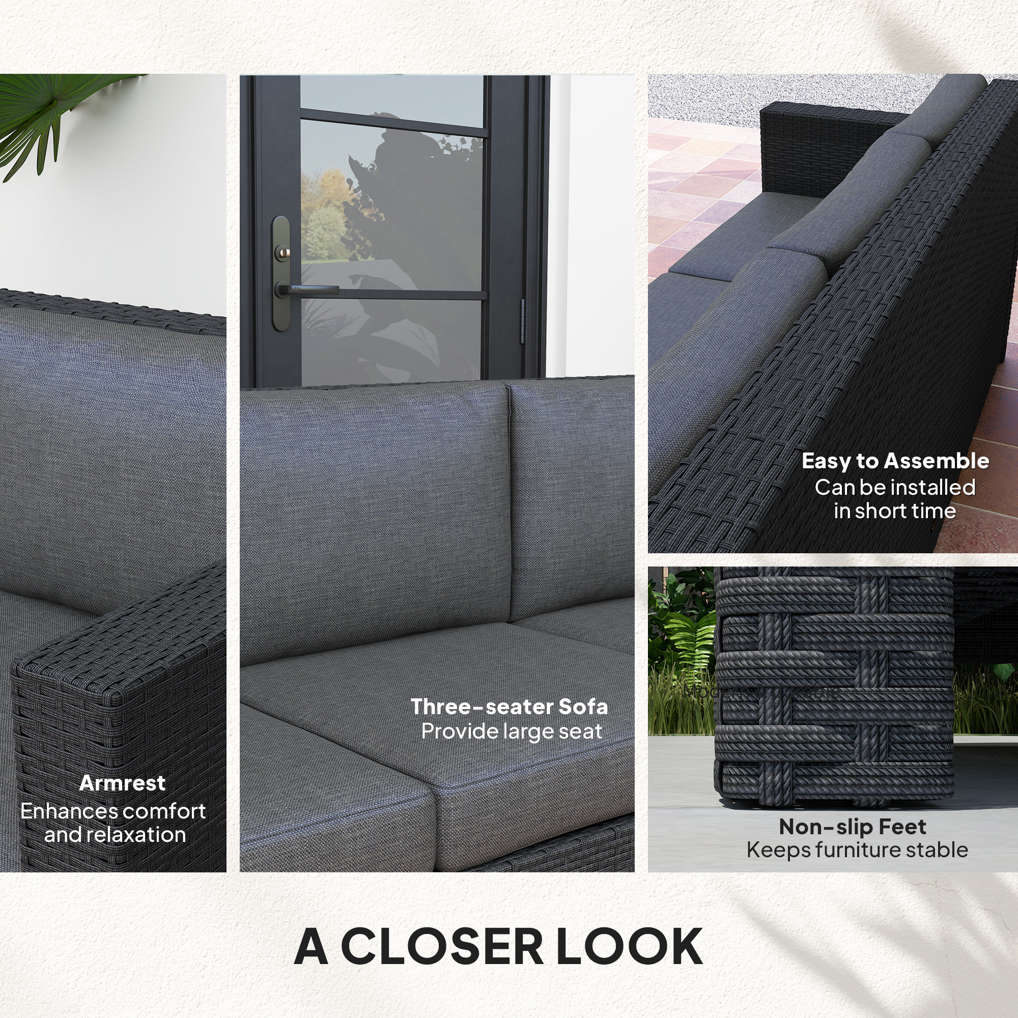 Deluxe 3 Seat Rattan Wicker Sofa Garden Outdoor Patio Furniture with Cushion, Grey - Image 4