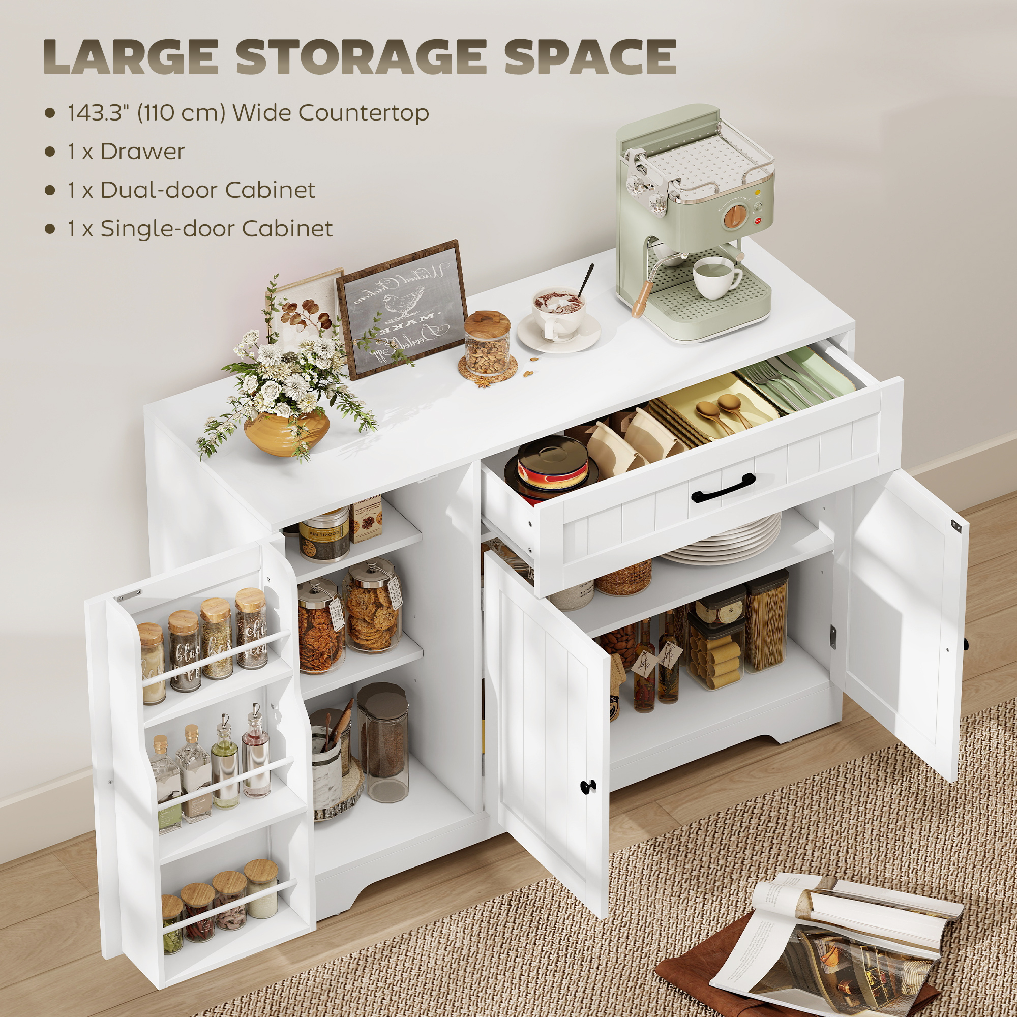 44" Modern Kitchen Storage Cabinet with Drawer, Adjustable Shelves, Small Kitchen Pantry with Door Racks, White - Image 2