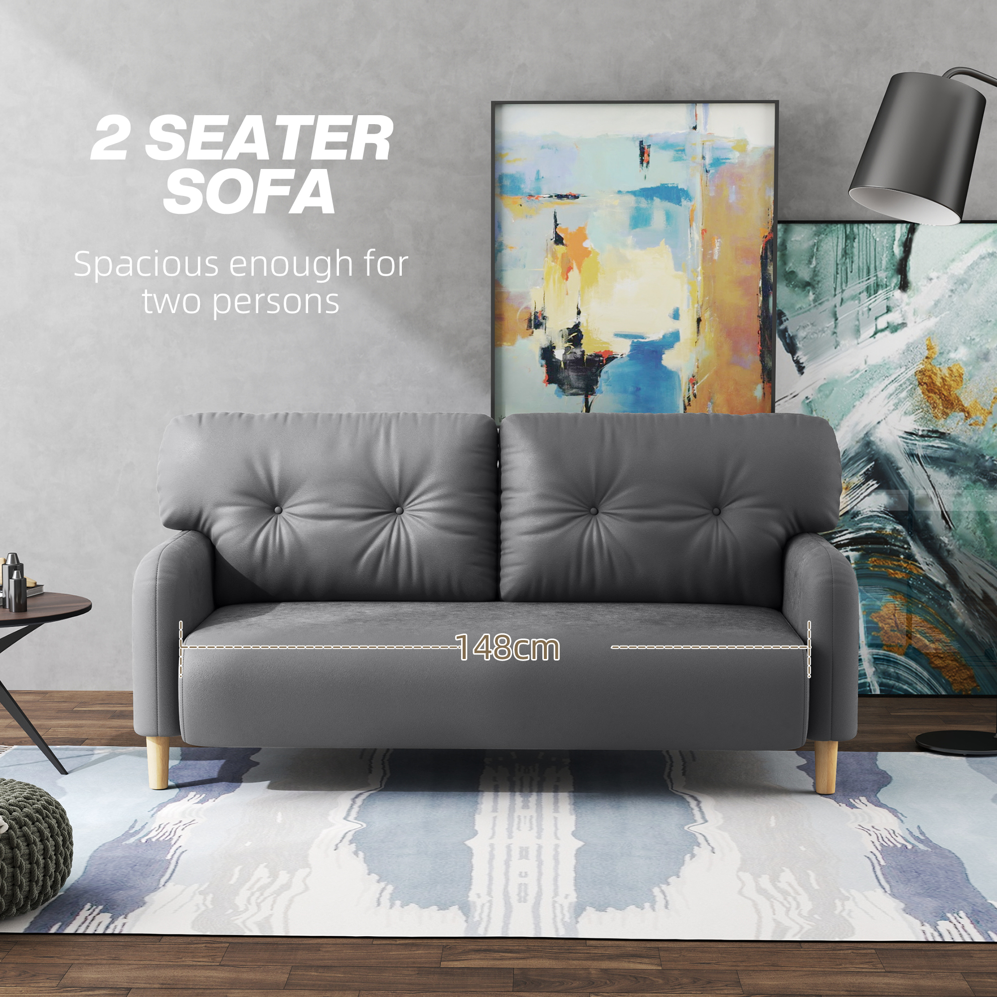 58" 2 Seat Sofa, Modern Love Seats Furniture, Upholstered 2 Seater Couch, Solid Wood Frame, Grey - Image 2