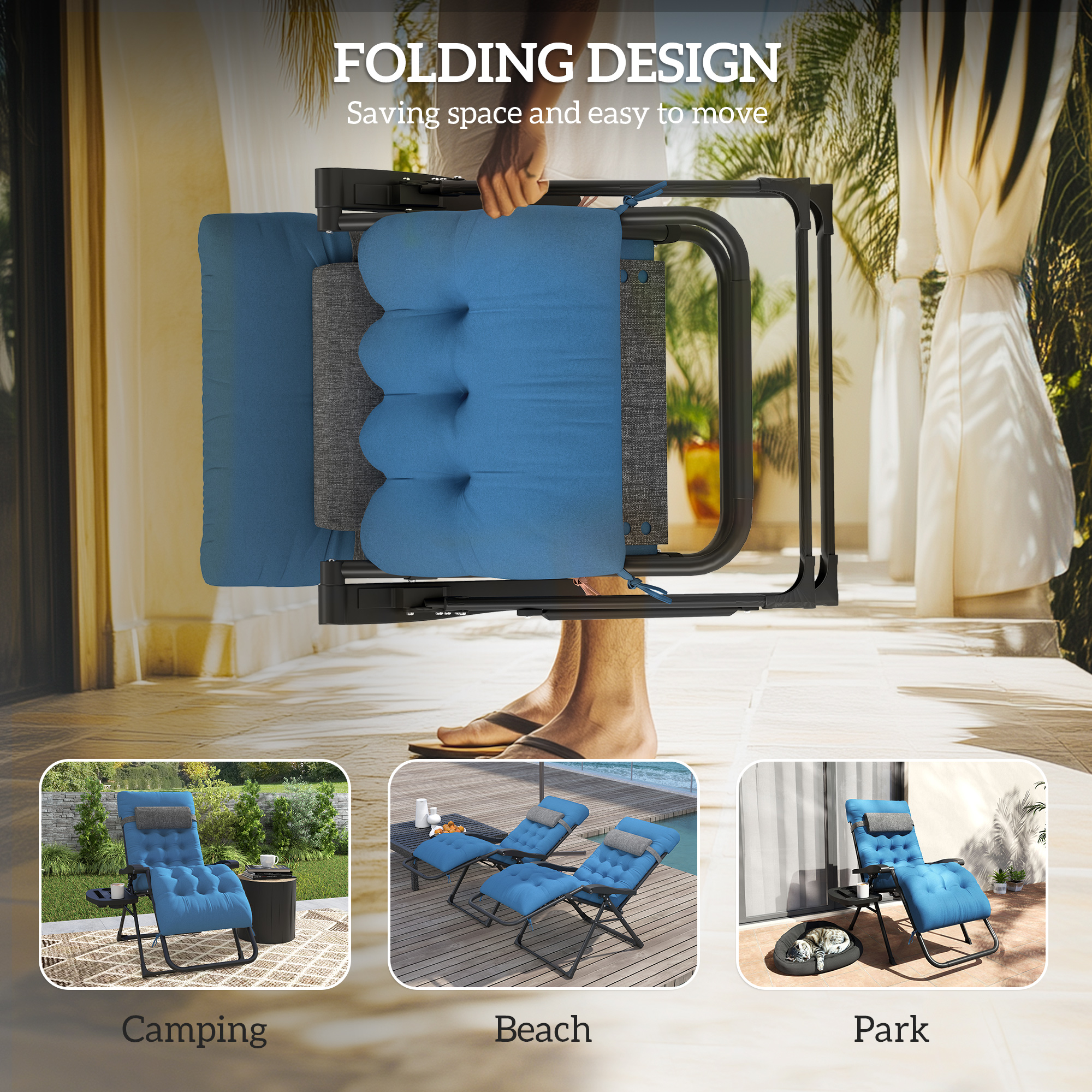 Padded Folding Recliner Chair, Patio Lounger with Cupholder, Adjustable Backrest, Removable Cushion, Navy Blue - Image 3