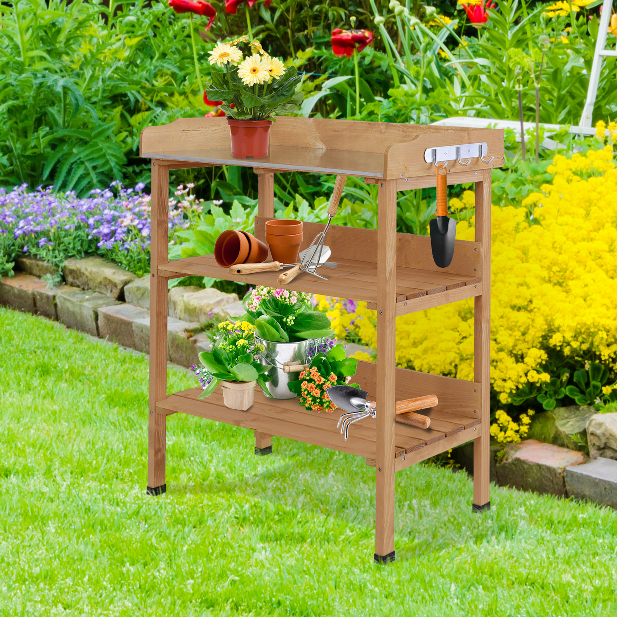 Outdoor Garden Wooden Potting Bench Work Station Table Tool Storage Shelf w/ Hooks, Natural - Image 5