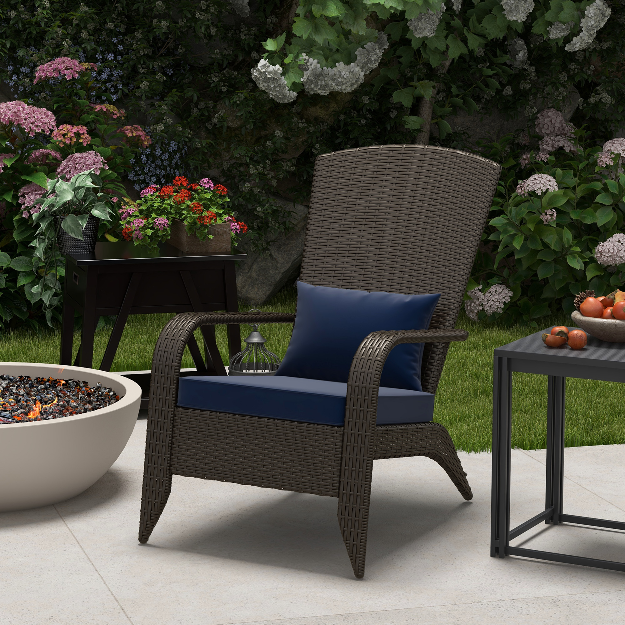 Patio Wicker Adirondack Chair, Outdoor Rattan Muskoka Chair with Cushions for Patio, Garden, Backyard Dark Blue - Image 6