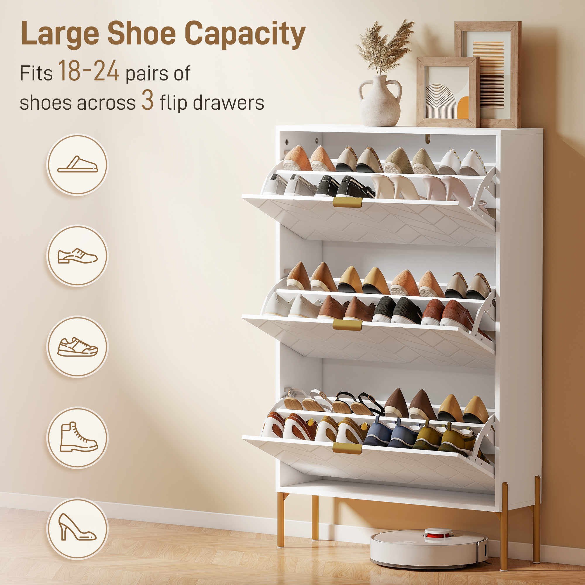 Shoe Cabinet with 3 Flip Drawers, Modern Narrow Shoe Storage Cabinet with Adjustable Shelves, White - Image 3