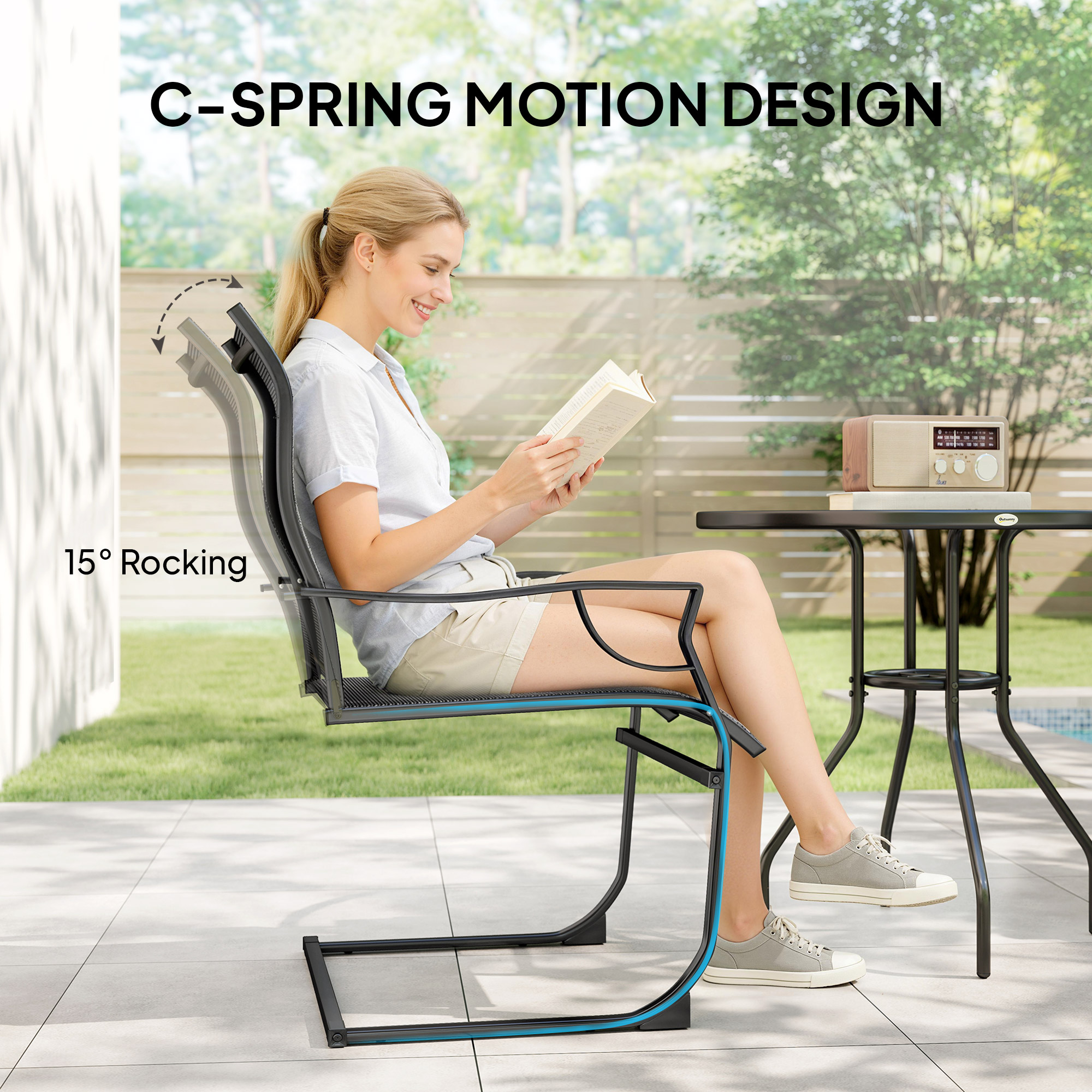 C Spring Motion Patio Chairs Set of 2 with Curved High Backrest, Armrest, All Weather Breathable Fabric, Metal Frame - Image 2