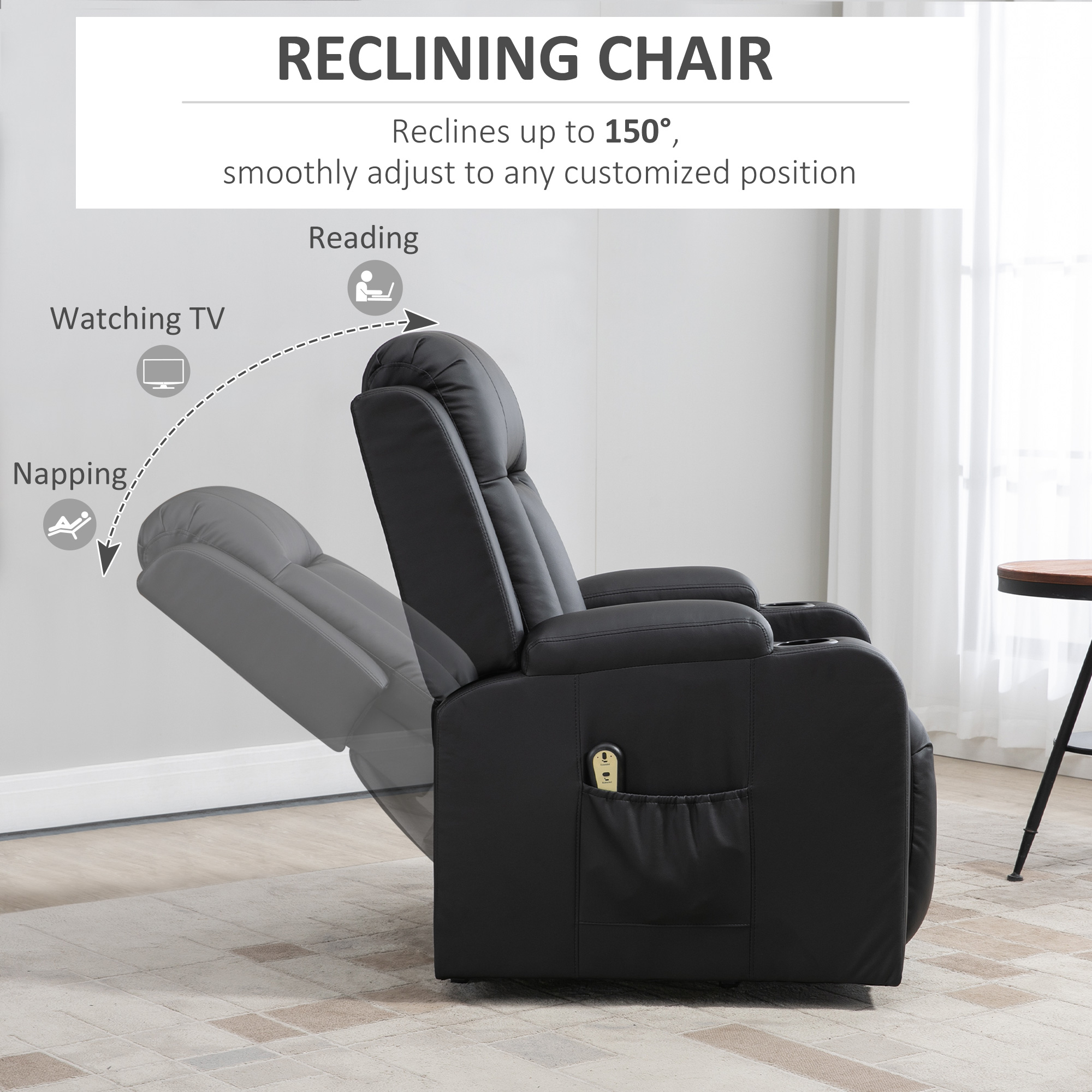 Power Lift Recliner Chair for Elderly, PU Leather Electric Recliner Chair with Footrest, Remote Control, Side Pockets and Cup Holders for Living Room, Black - Image 2