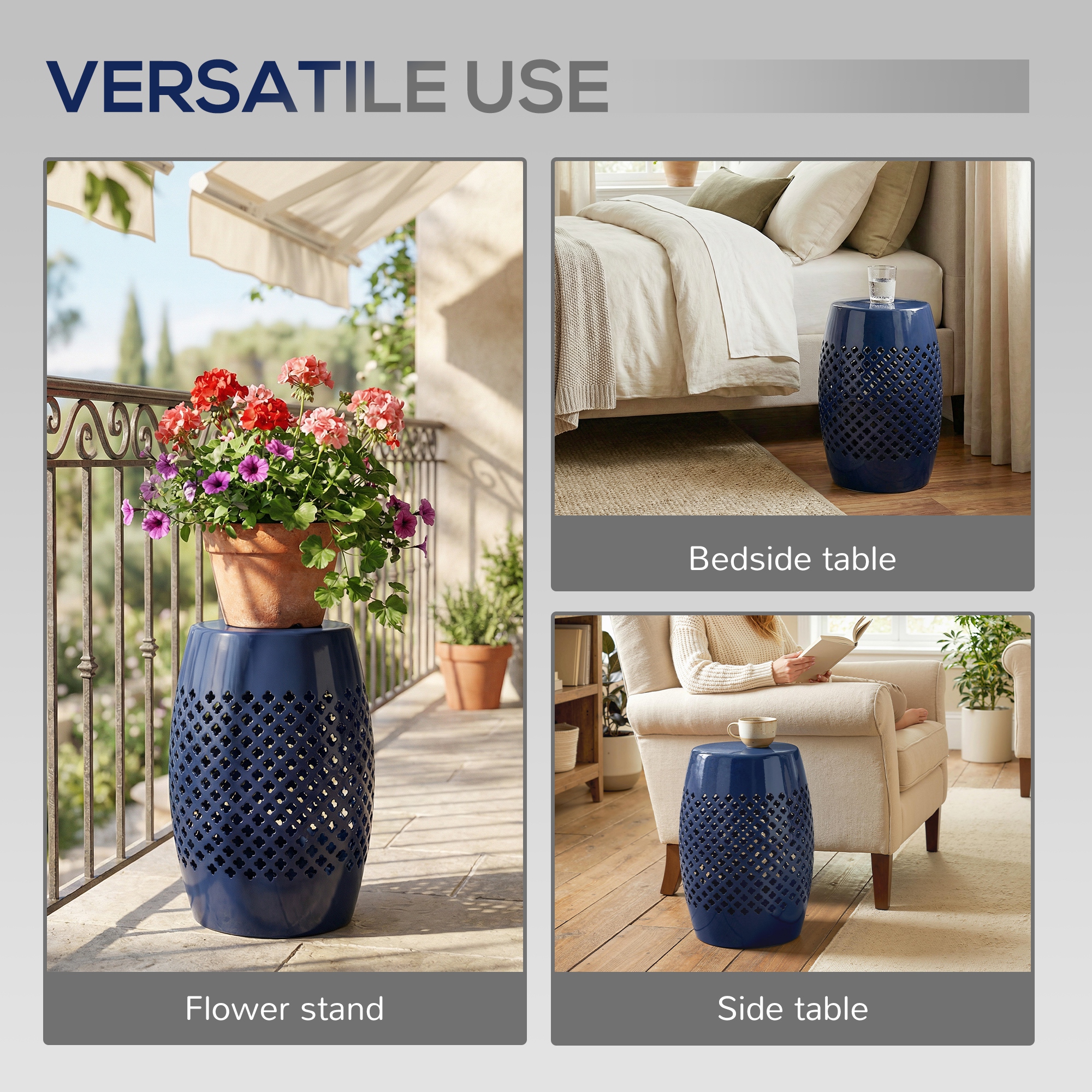 12" Steel Patio End Table, Round Hollow Drum Side Table, Accent Table for Indoor and Outdoor, Navy Blue - Image 3