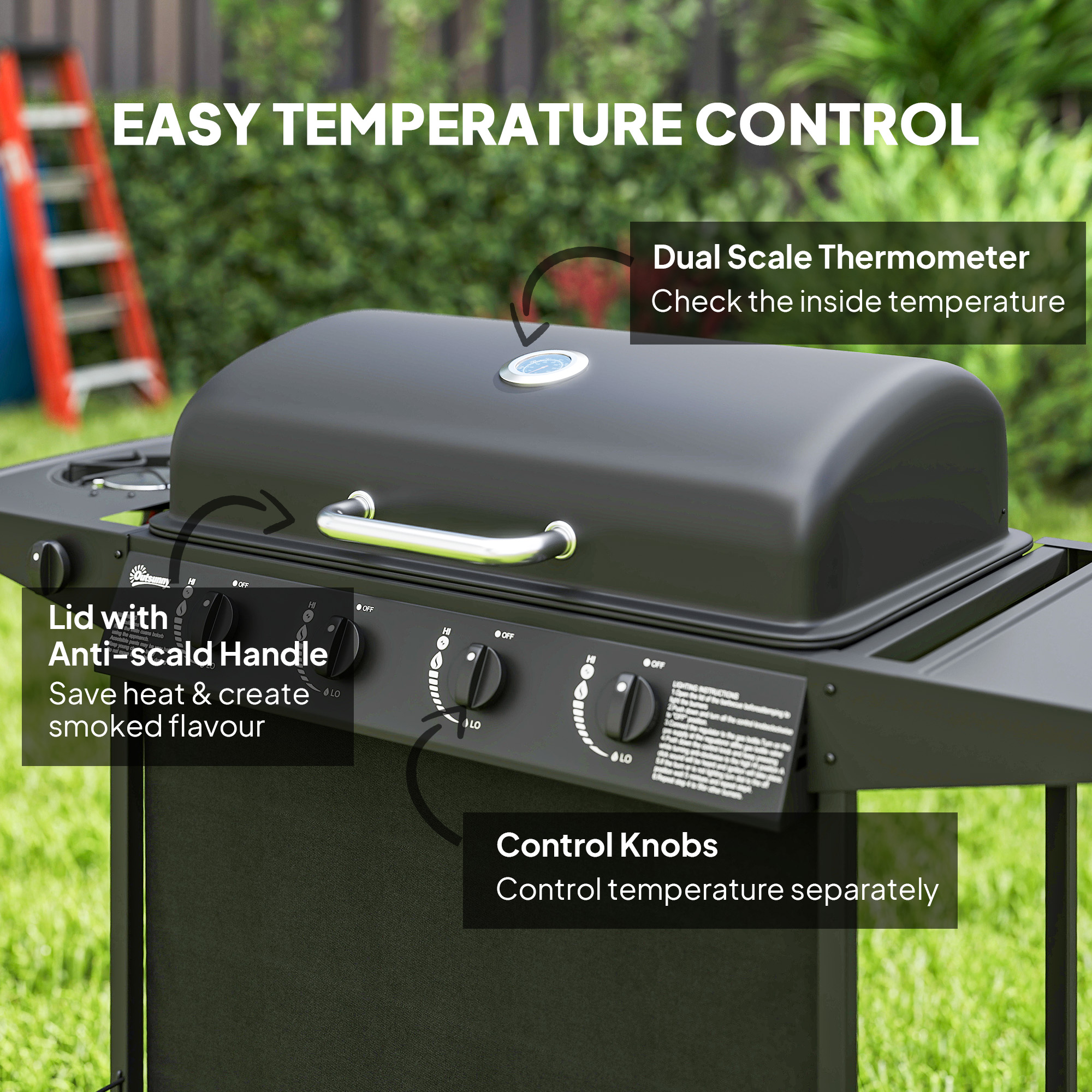 4+1 Burner Propane Gas BBQ Grill, Portable Gas Barbecue Grill with Side Burner, Thermometer, Lid, Side Table, Shelf, Spice Rack, Wheels, Grease Cup for Garden, Black - Image 3