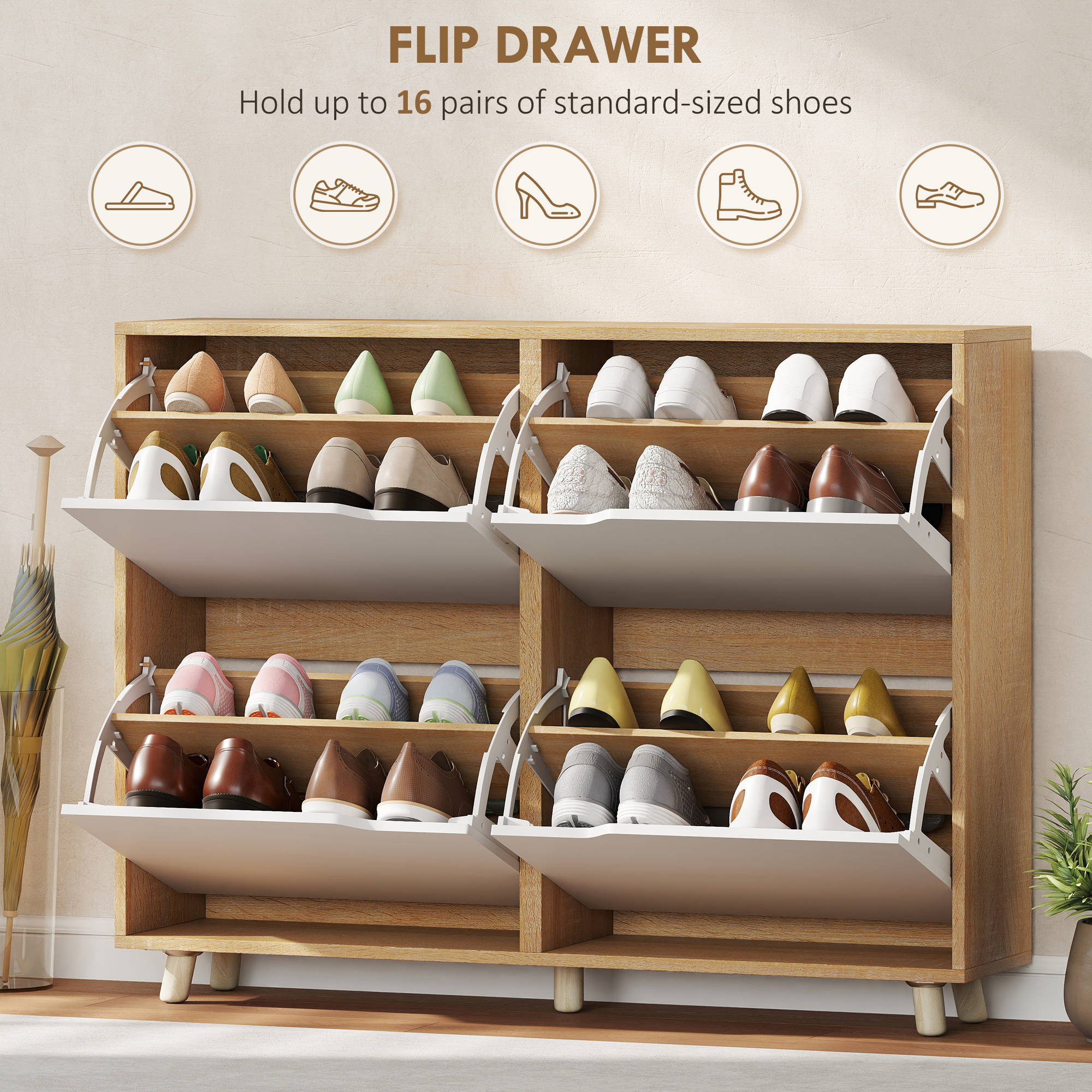 Narrow Shoe Cabinet, Shoe Storage Cabinet with 4 Flip Drawers and Adjustable Shelves for 16 Pairs of Shoes, White - Image 2