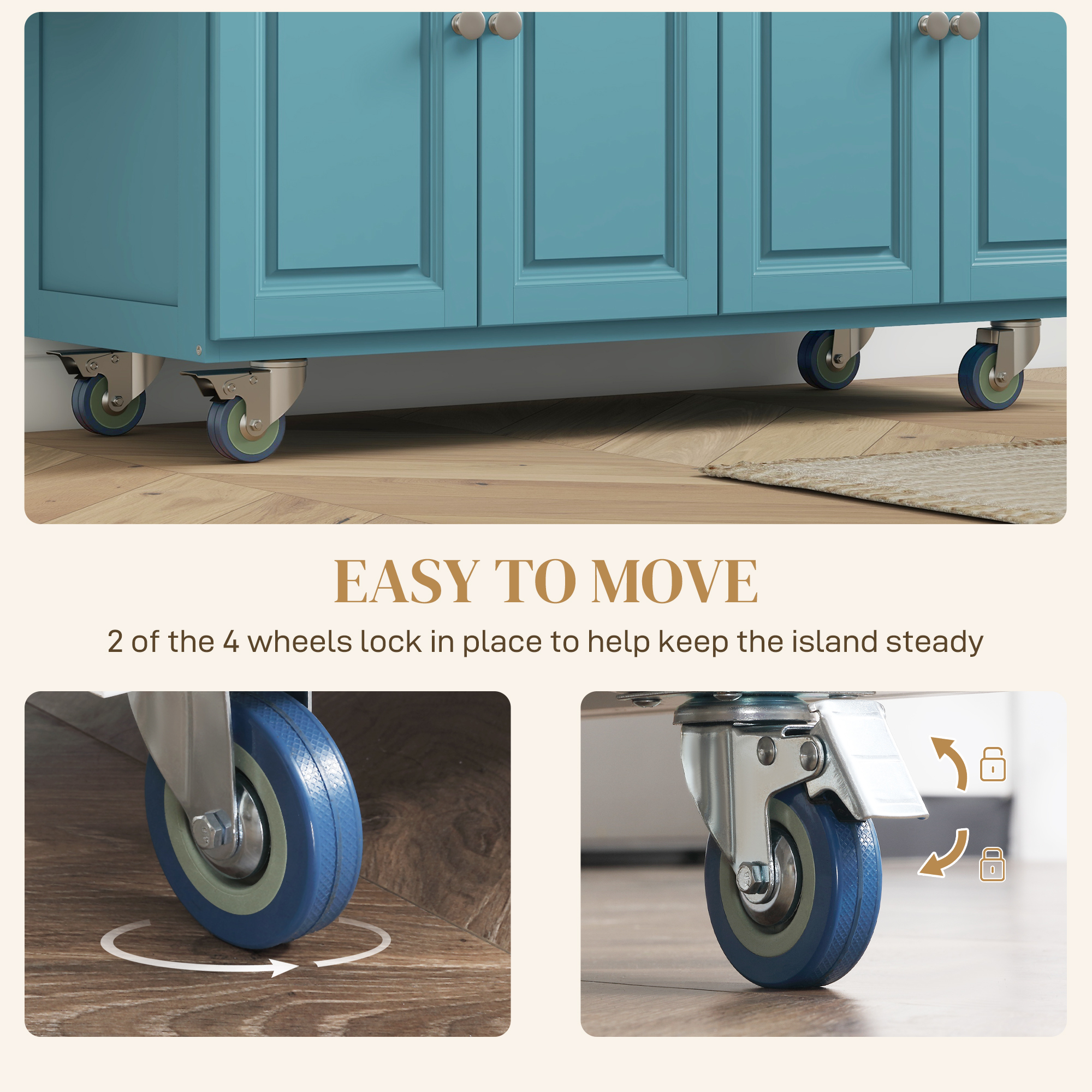Kitchen Island with Storage, Rolling Kitchen Island with Drop Leaf, Rubber Wood Top and Adjustable Shelves, Light Blue - Image 4