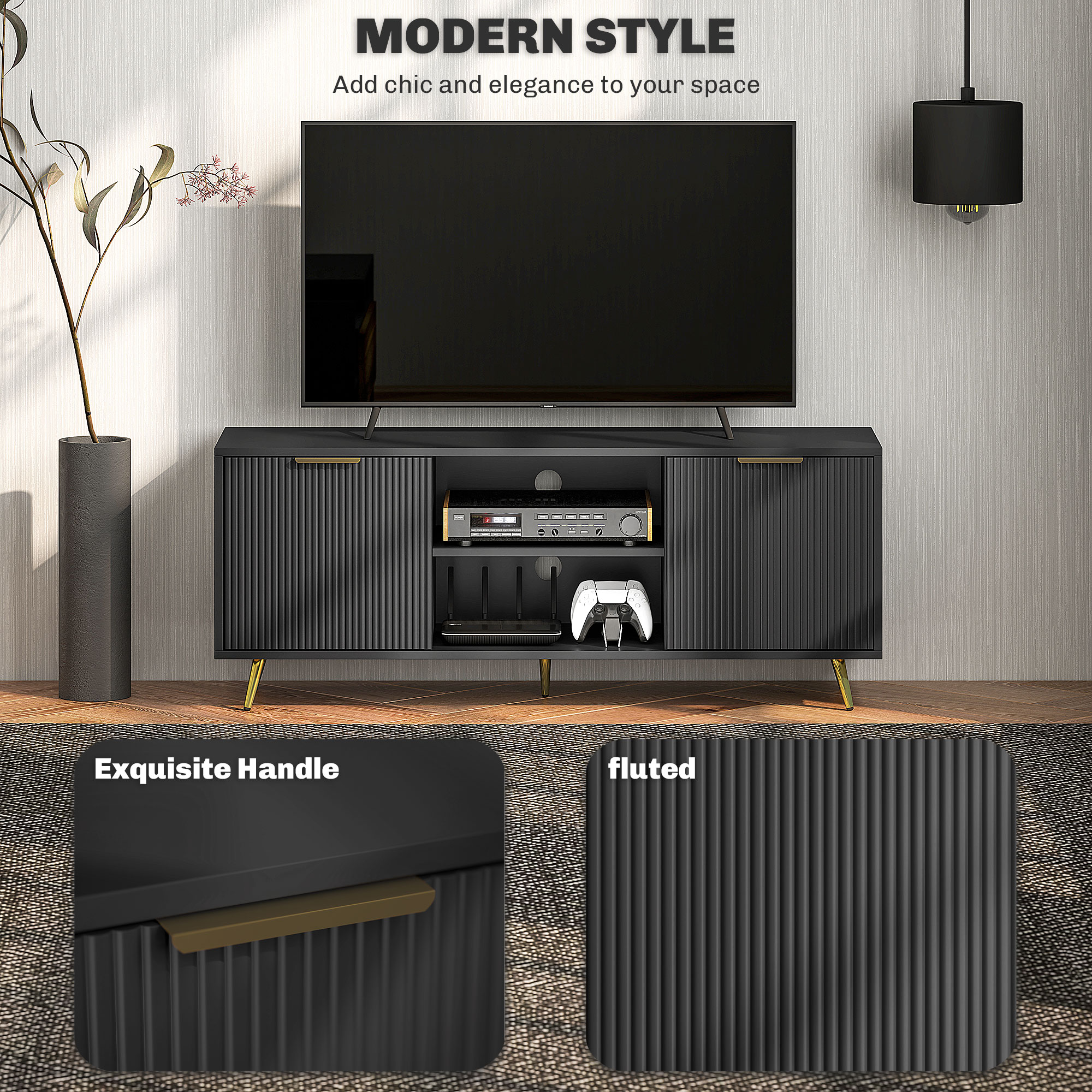TV Stand with Storage for 55 Inch TV, Modern TV Cabinet with 2 Open Shelves and 2 Cabinets for Living Room, Black - Image 2