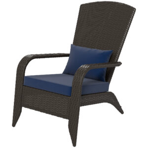 Patio Wicker Adirondack Chair, Outdoor Rattan Muskoka Chair with Cushions for Patio, Garden, Backyard Dark Blue