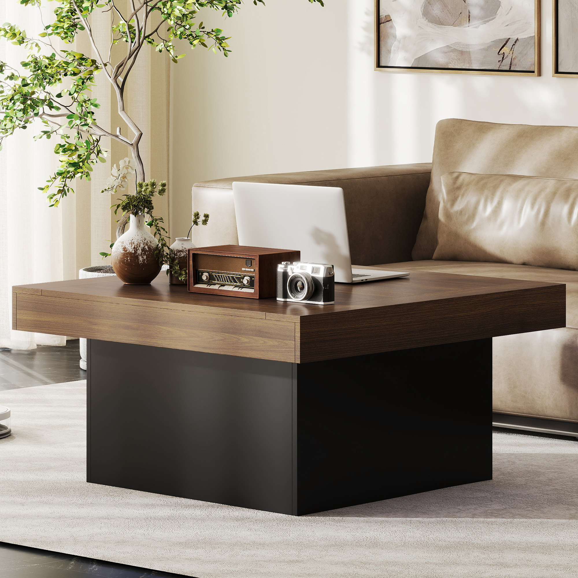 Square Coffee Table with 16-Colour LED Lights, 35-inch Modern Center Table for Living Room, Walnut - Image 6