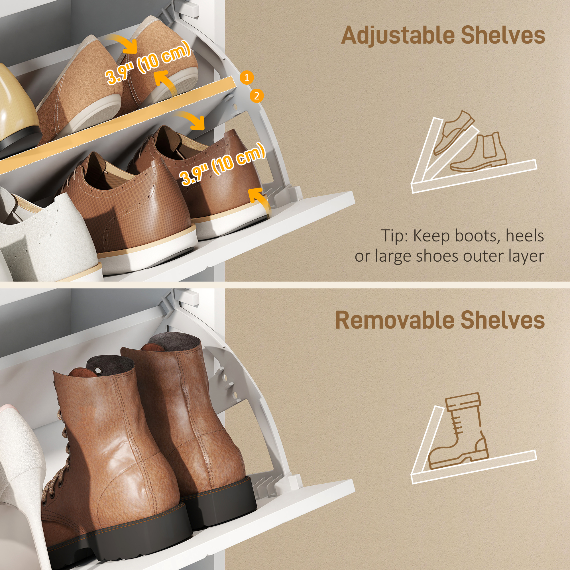 Shoe Cabinet with 3 Flip Drawers, Modern Narrow Shoe Storage Cabinet with Adjustable Shelves, White - Image 4