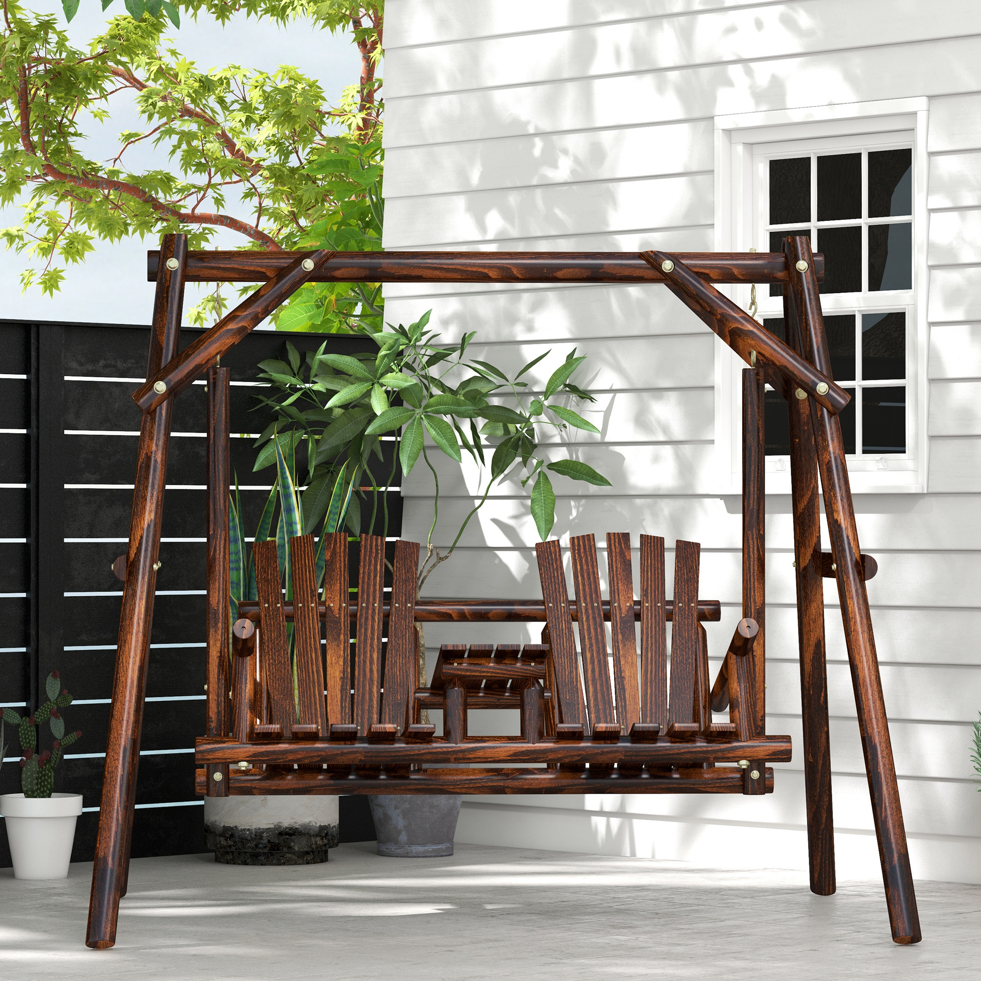 Wooden 2-Seat A-Frame Porch Swing Rustic Patio Bench Outdoor Furniture w/ Table - Image 5