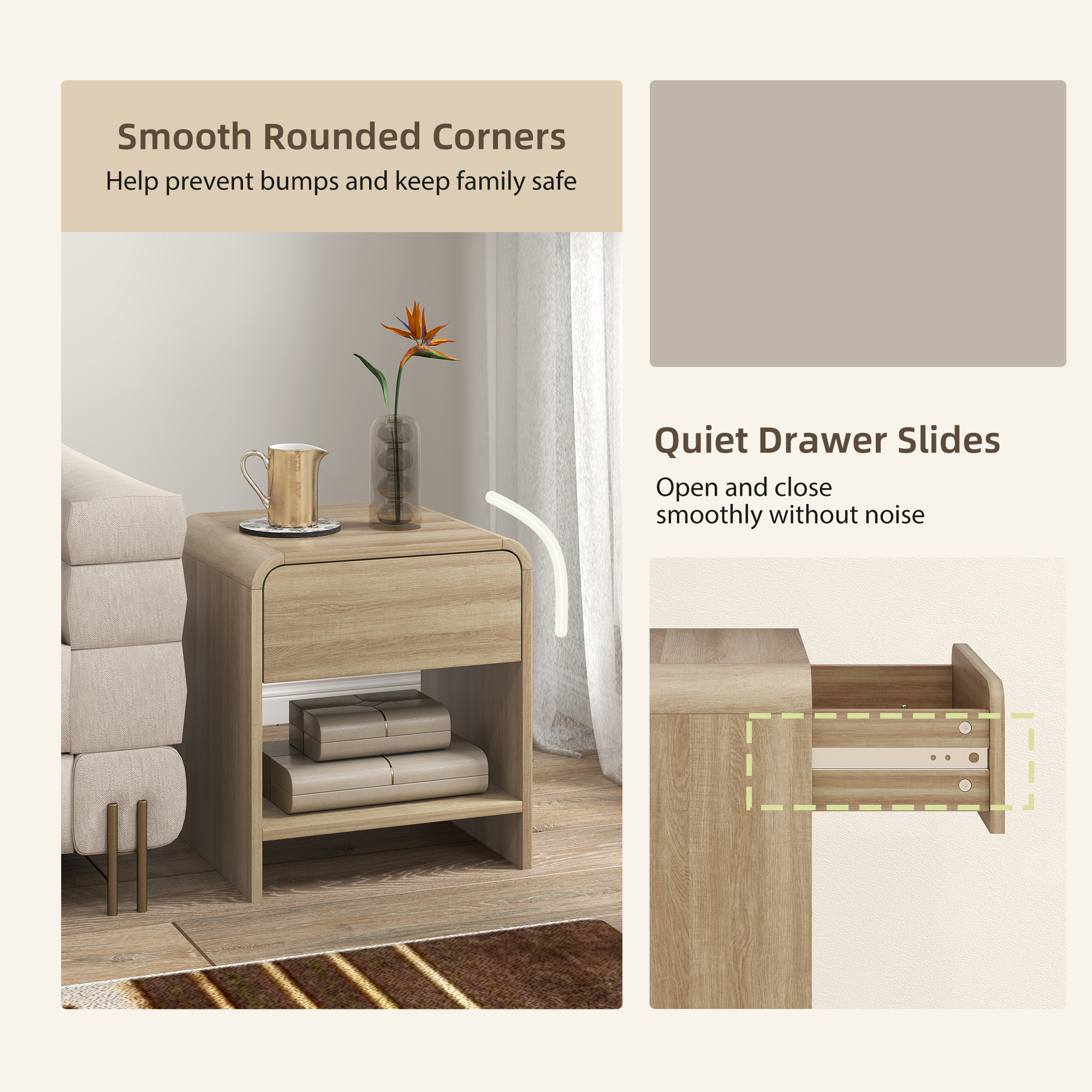 Nightstand Set of 2, Modern Bedside Table with Rounded Corners, Nightstand with Drawer and Open Shelf, Natural Wood - Image 4