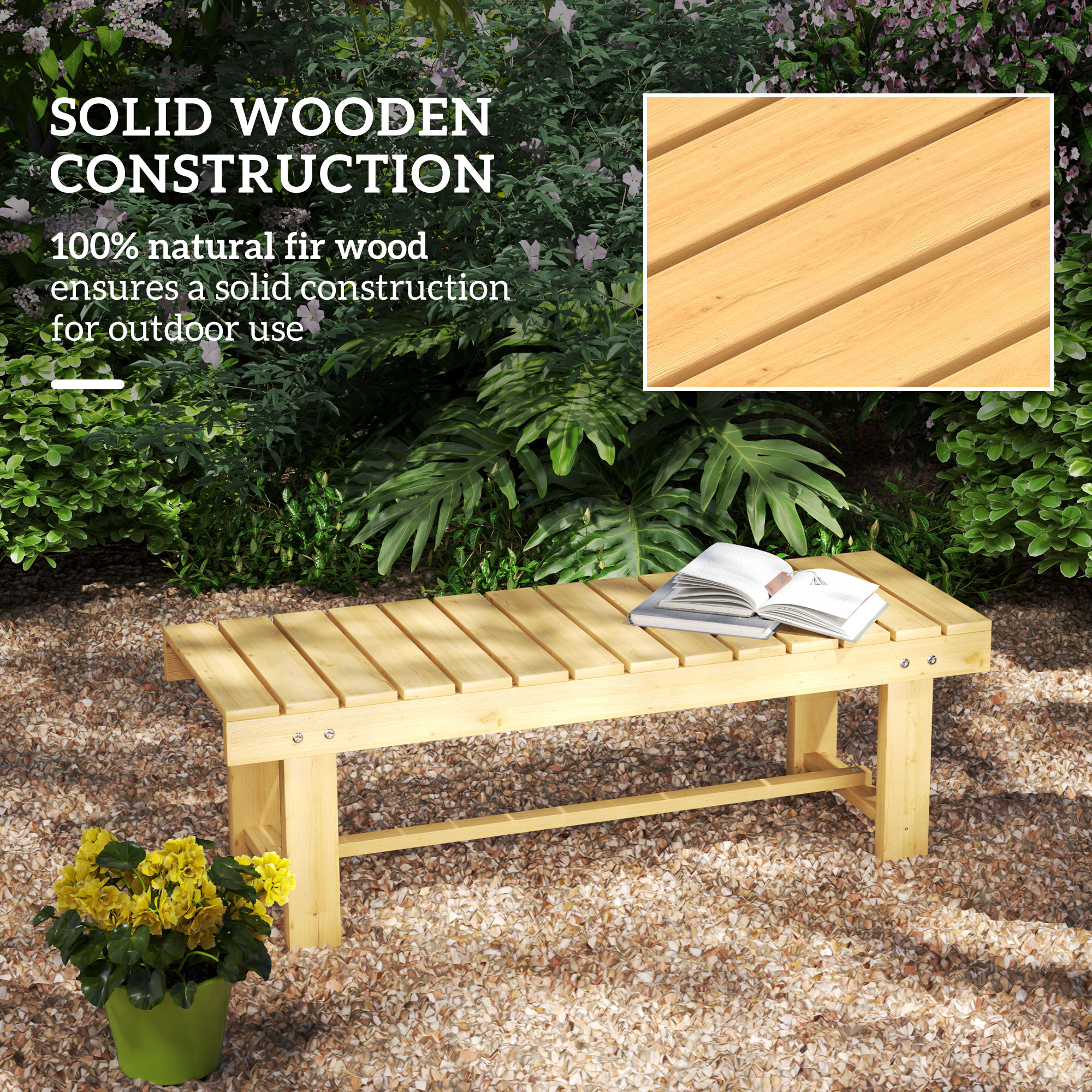 43" Wood Outdoor Bench, 2 Person Patio Bench, Backless Outdoor Patio Loveseat with Slatted Seat for Park, Backyard, Lawn, Natural Wood - Image 3