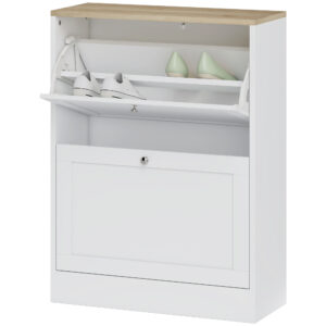Slim Shoe Storage Cabinet, Modern Shoe Cabinet with 2 Flip Drawers and Adjustable Shelves for 8-12 Pairs, White