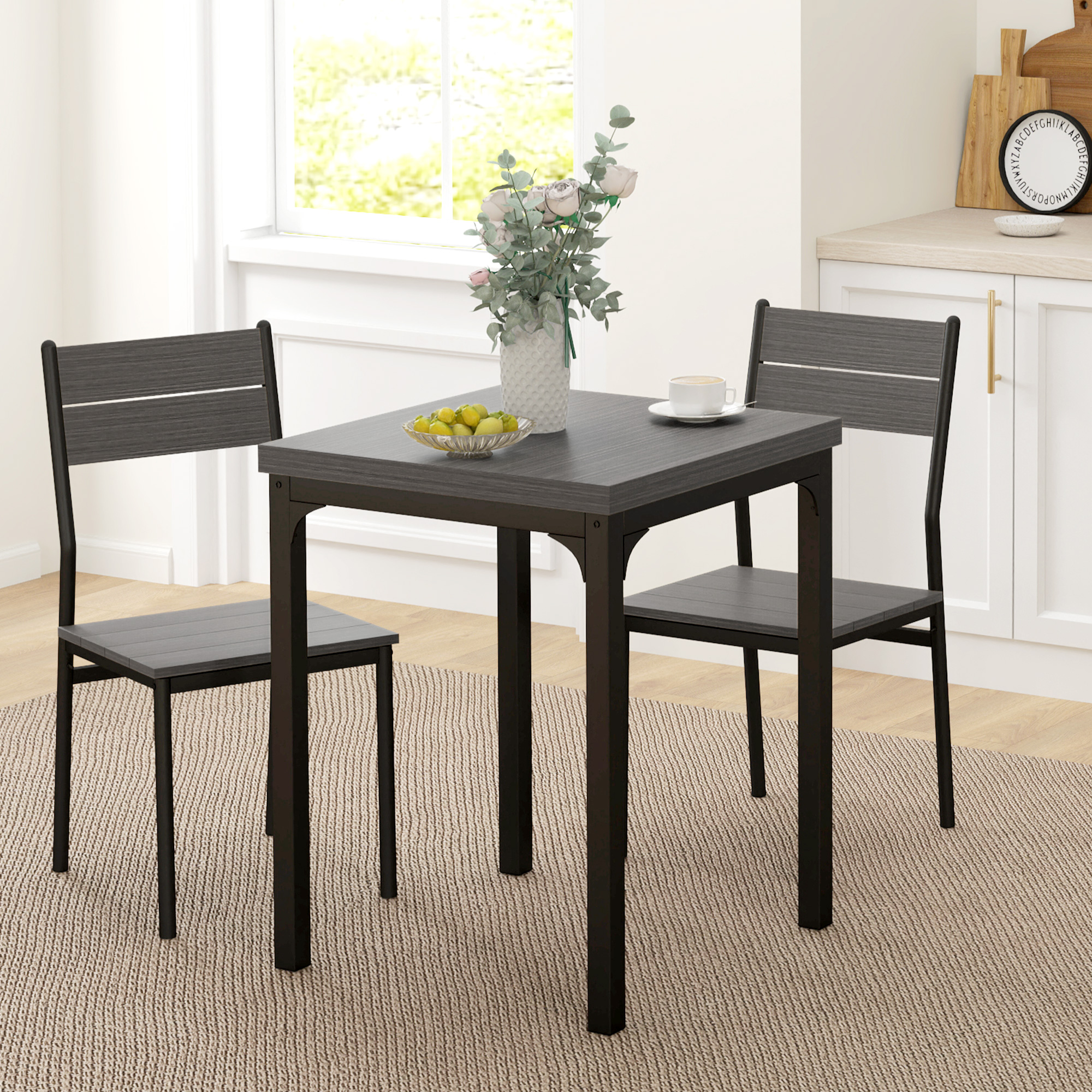 Dining Table Set for 2, 3 Piece Kitchen Table and Chairs with Metal Legs for Small Spaces, Grey Wood Effect - Image 6