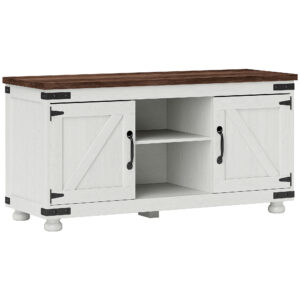 Farmhouse TV Stand for up to 50" TV, TV Cabinet with Barn Doors, Cable Management for Living Room, Distressed White