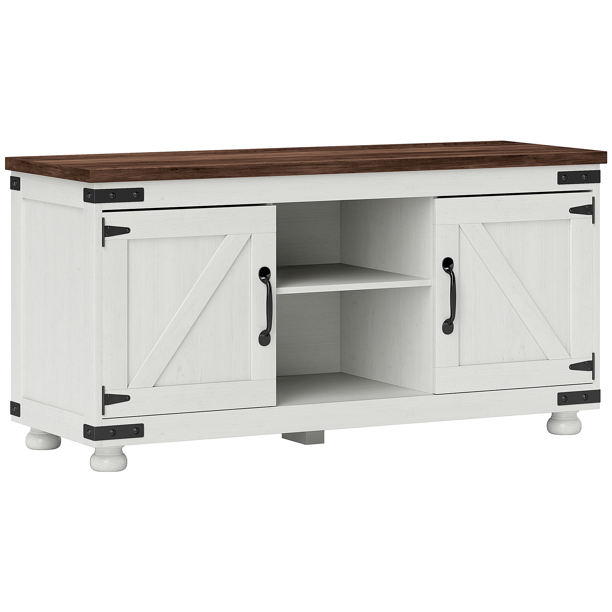 Farmhouse TV Stand for up to 50" TV, TV Cabinet with Barn Doors, Cable Management for Living Room, Distressed White