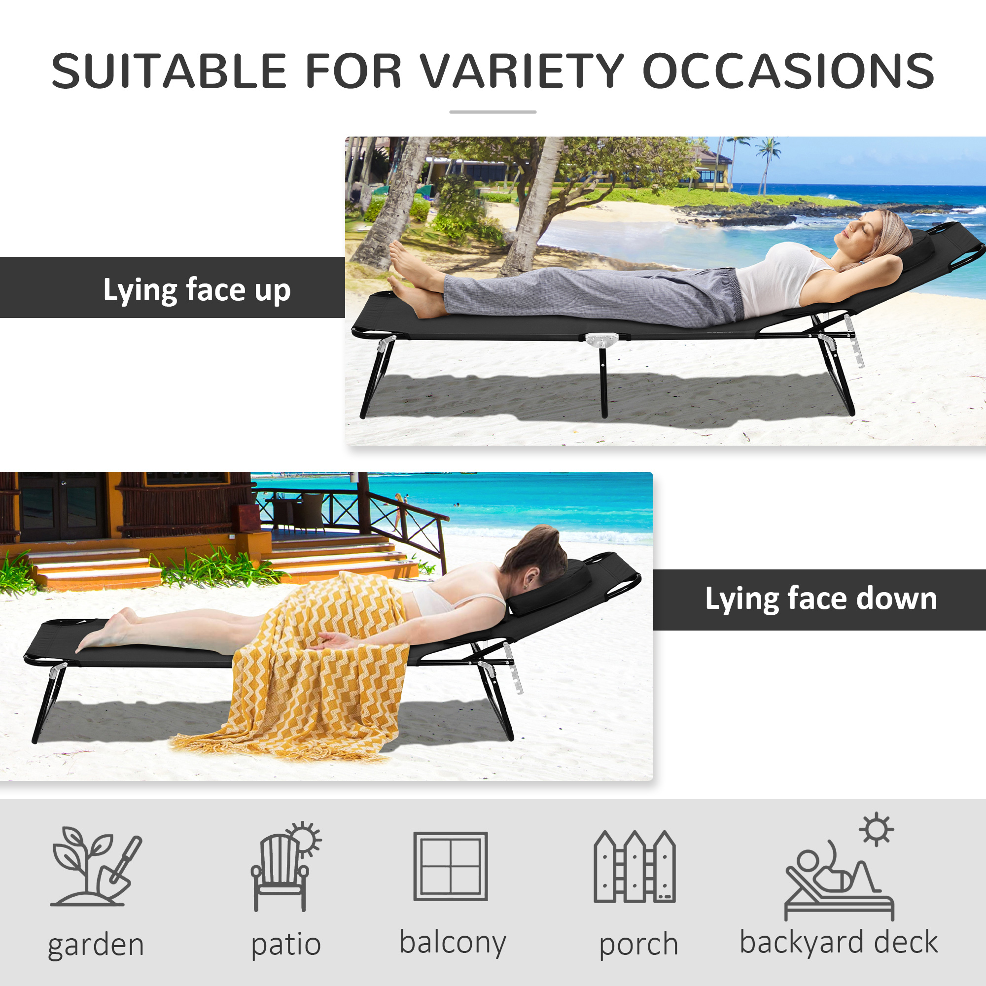 Adjustable Outdoor Lounge Chair, Garden Folding Chaise Lounge with Face Hole Reclining Tanning Chair Seat, Folding Camping Beach Lounging Bed w/ Support Pillow, Black - Image 3