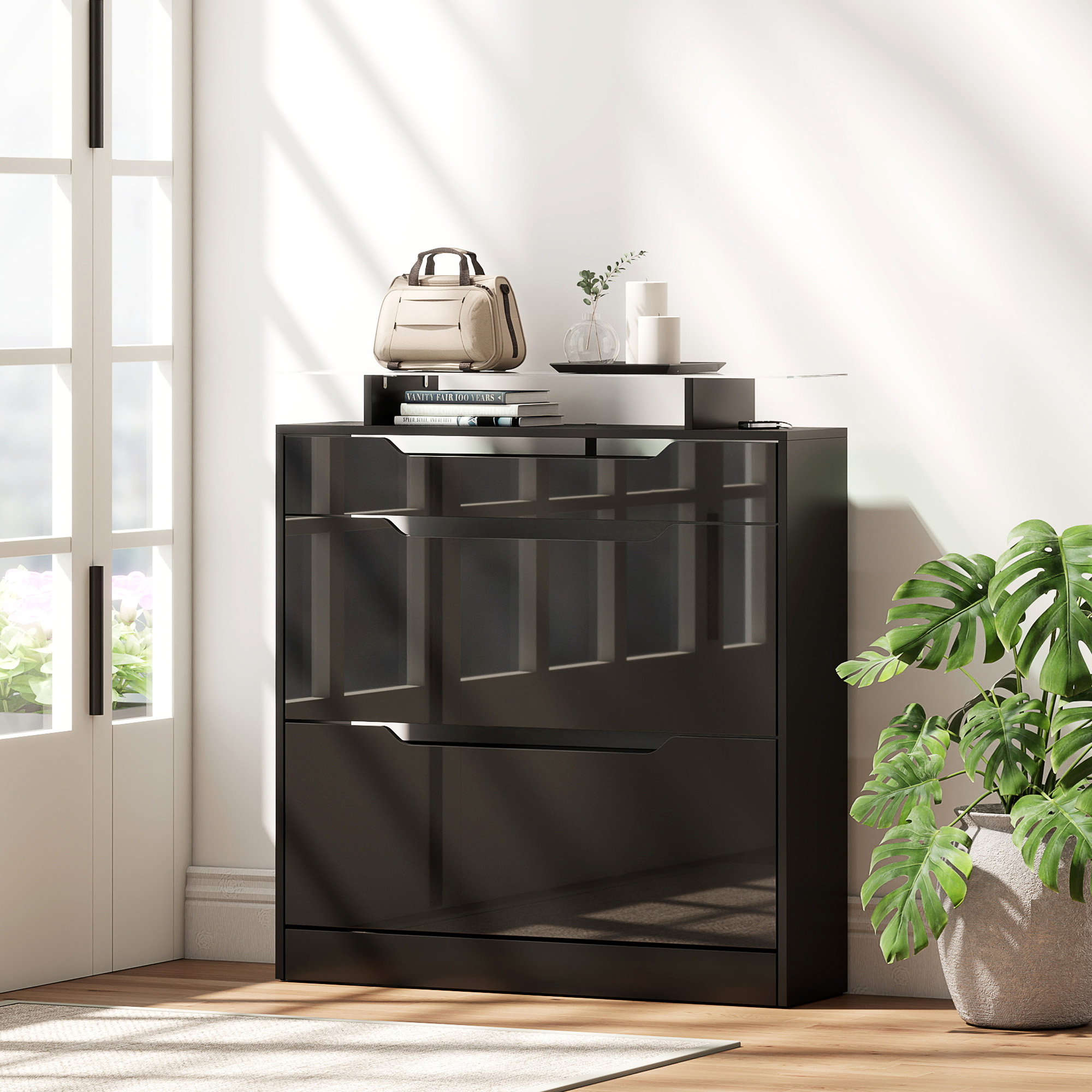High Gloss Shoe Cabinet with 2 Flip Drawers and Adjustable Shelves, Narrow Shoe Storage Cabinet with Glass Top, Black - Image 6