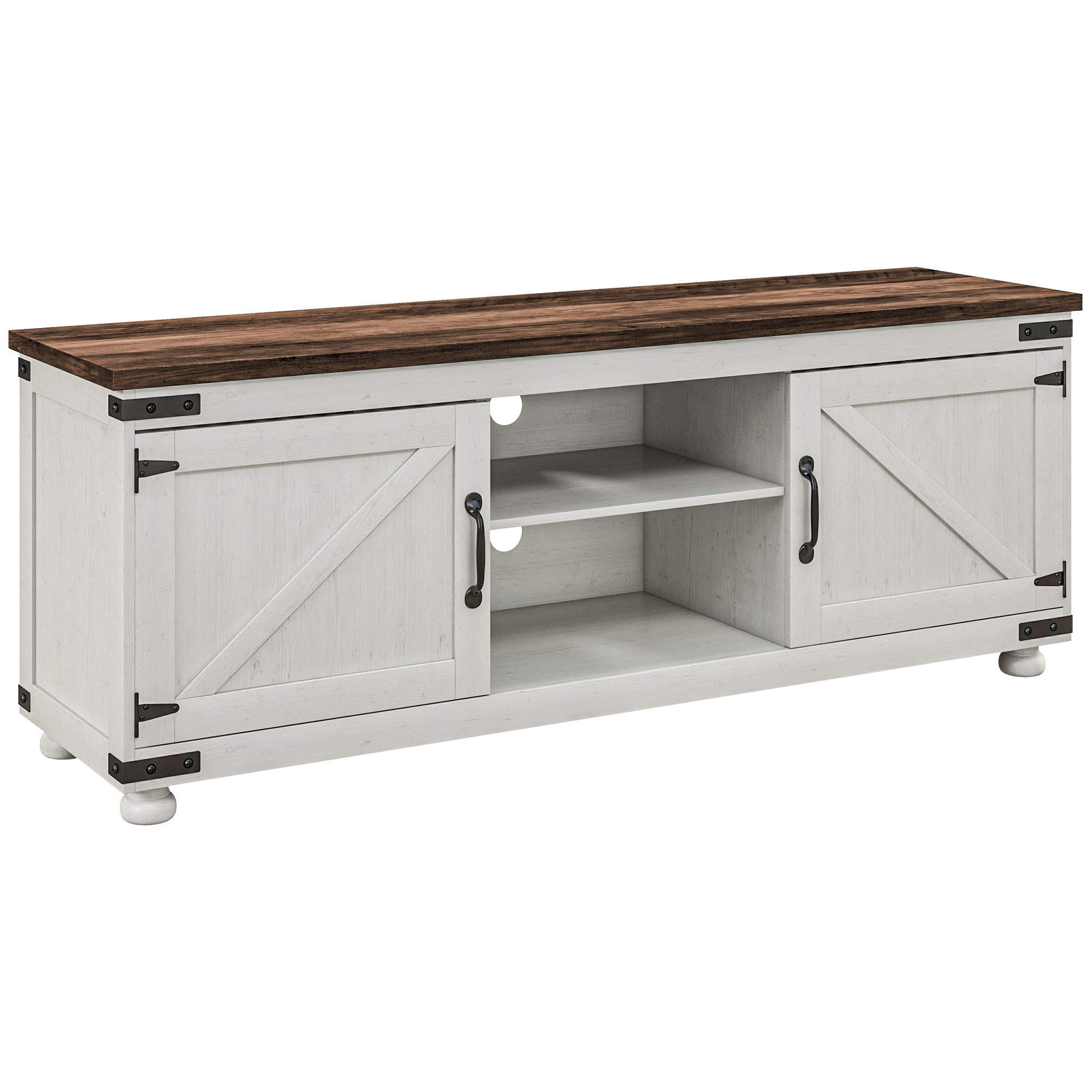 Farmhouse TV Stand Small Minimalist Barn Doors Cable Management for 65" TV Small Space Apartment Distressed White