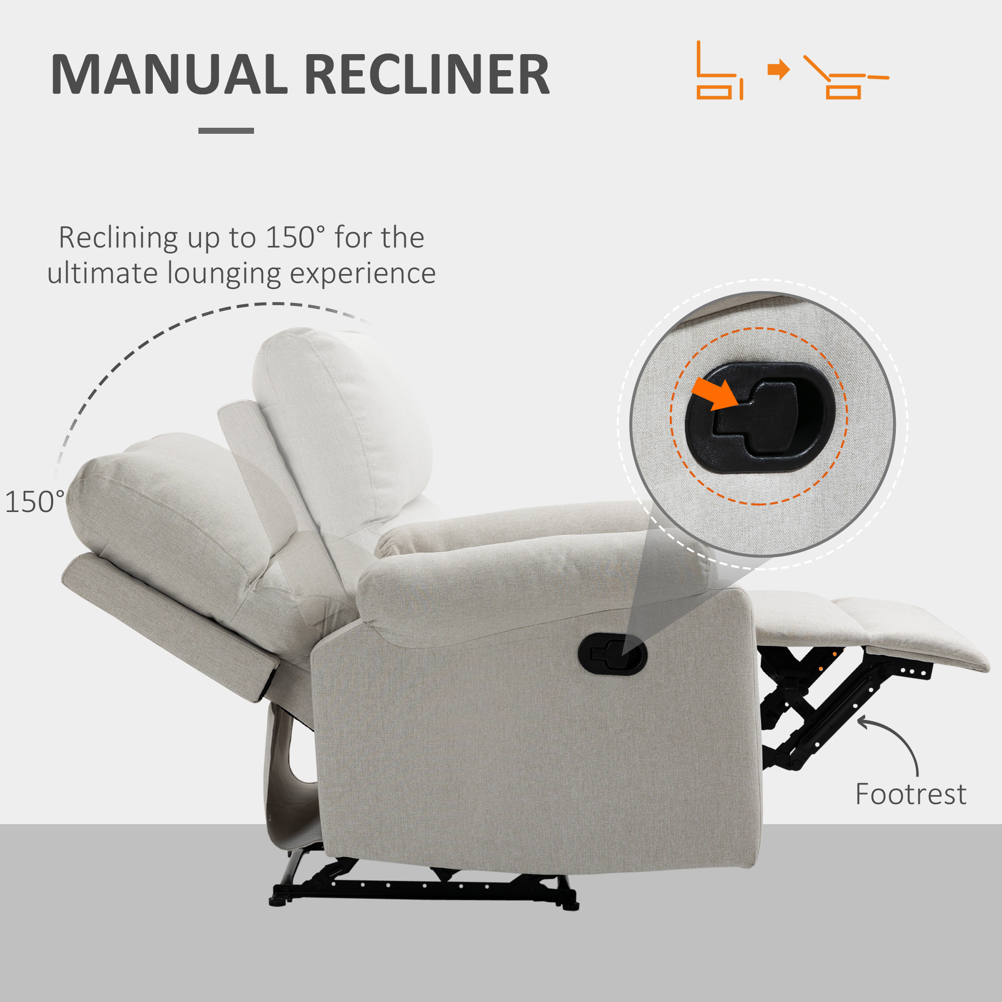 Recliner Chair, Manual Reclining Chair with Footrest, Padded Seat for Living Room, Bedroom, Study, Cream White - Image 2