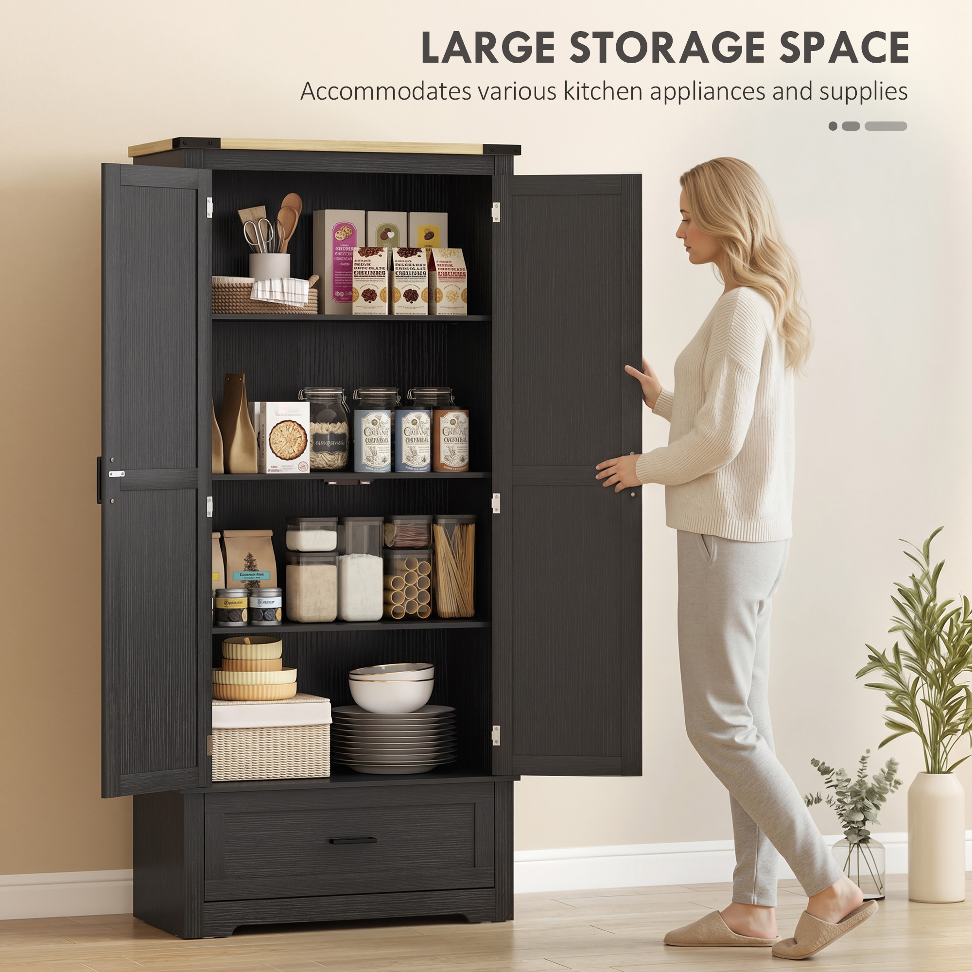 69" Tall Farmhouse Kitchen Pantry Cabinet with 2 Doors, Drawer and Adjustable Shelves, Black and Brown - Image 2