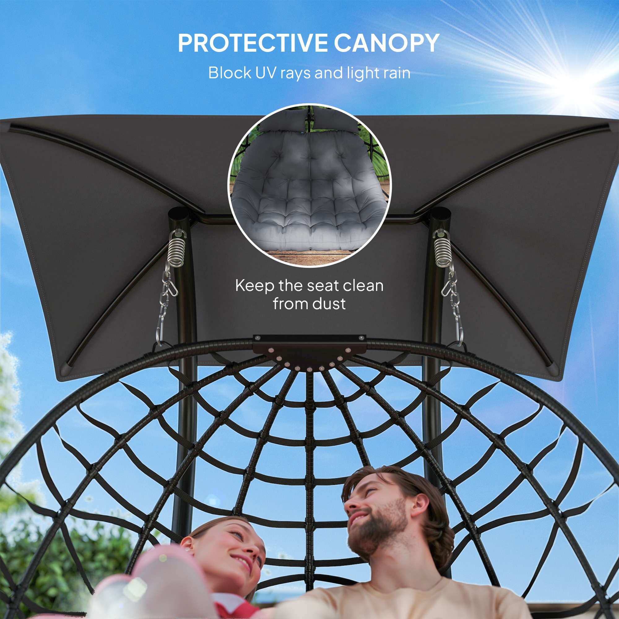 Double Wicker Egg Swing Chair with Canopy, Foldable Hanging Egg Chair with Stand Cushion Headrest, Black - Image 3