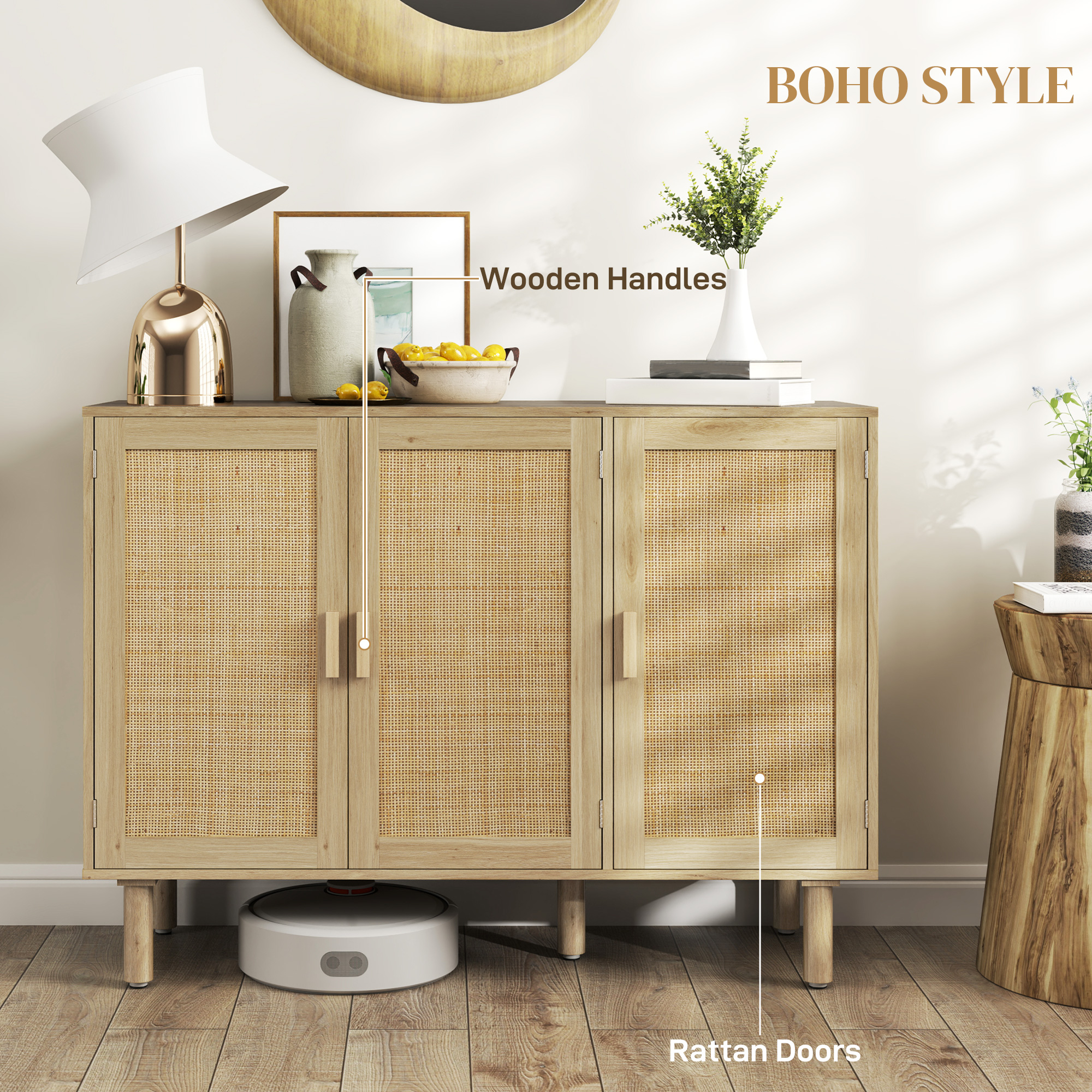 Bohemian Sideboard, 46.9" Buffet Cabinet with 3 Rattan Doors and Shelves for Living Room, Hallway, Oak - Image 3